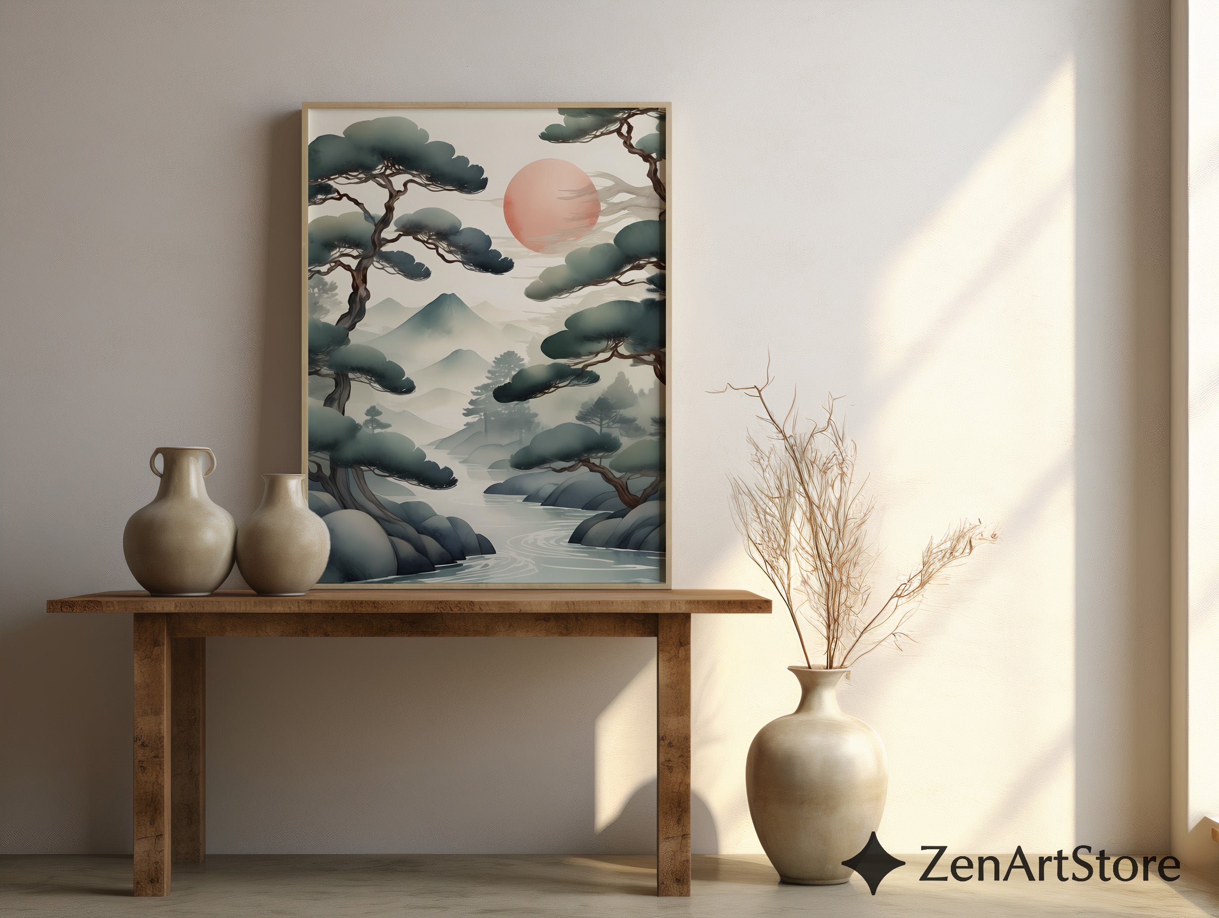 Zen Japanese Landscape Print Misty Pines & Red Sun - Japandi Minimalist Wall Art, Calm Neutral Home Decor (Print or Digital)