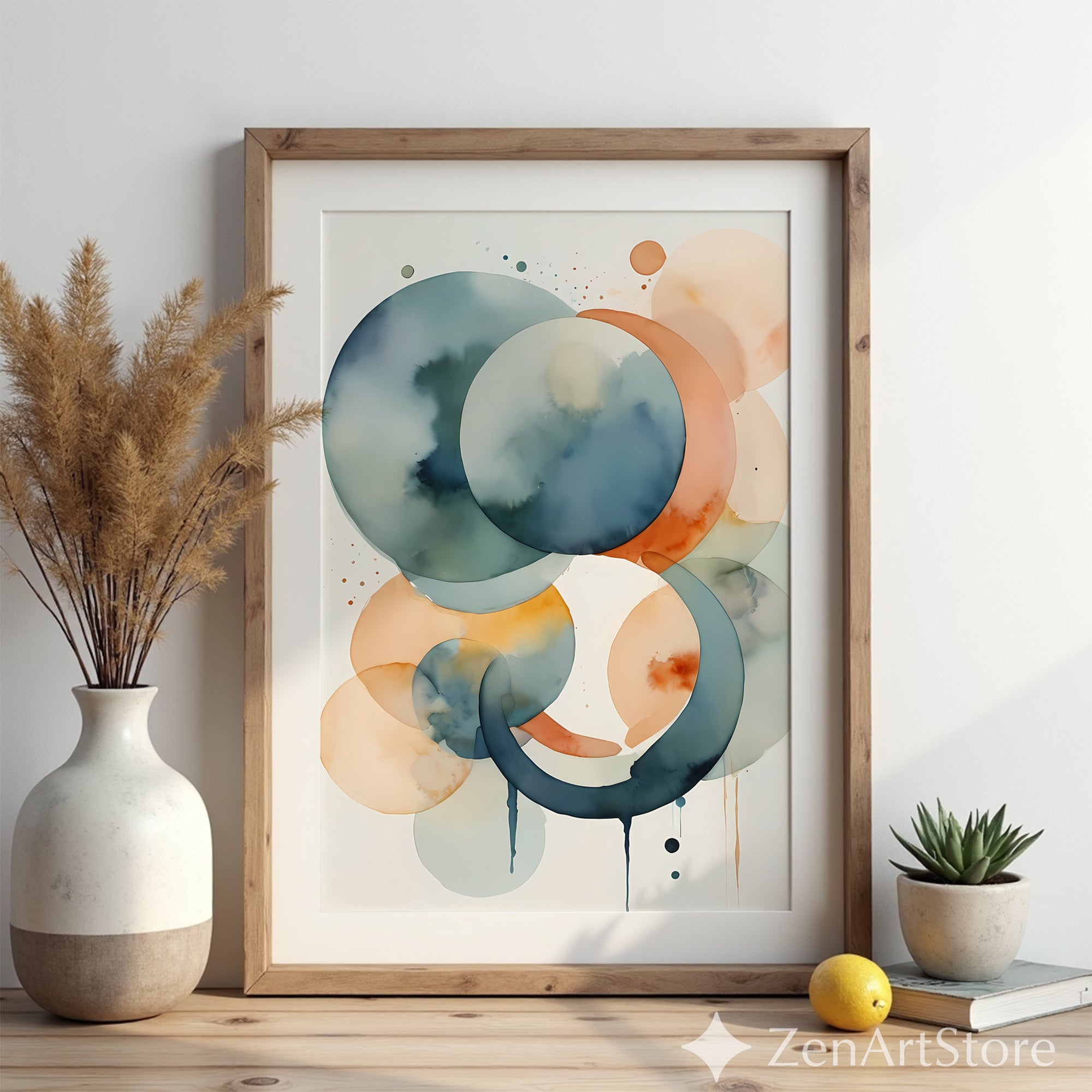 Abstract Watercolor Circles Wall Art - Minimal Zen Neutral Print for Japandi & Scandinavian Home Decor, Blue Peach Beige Modern Art