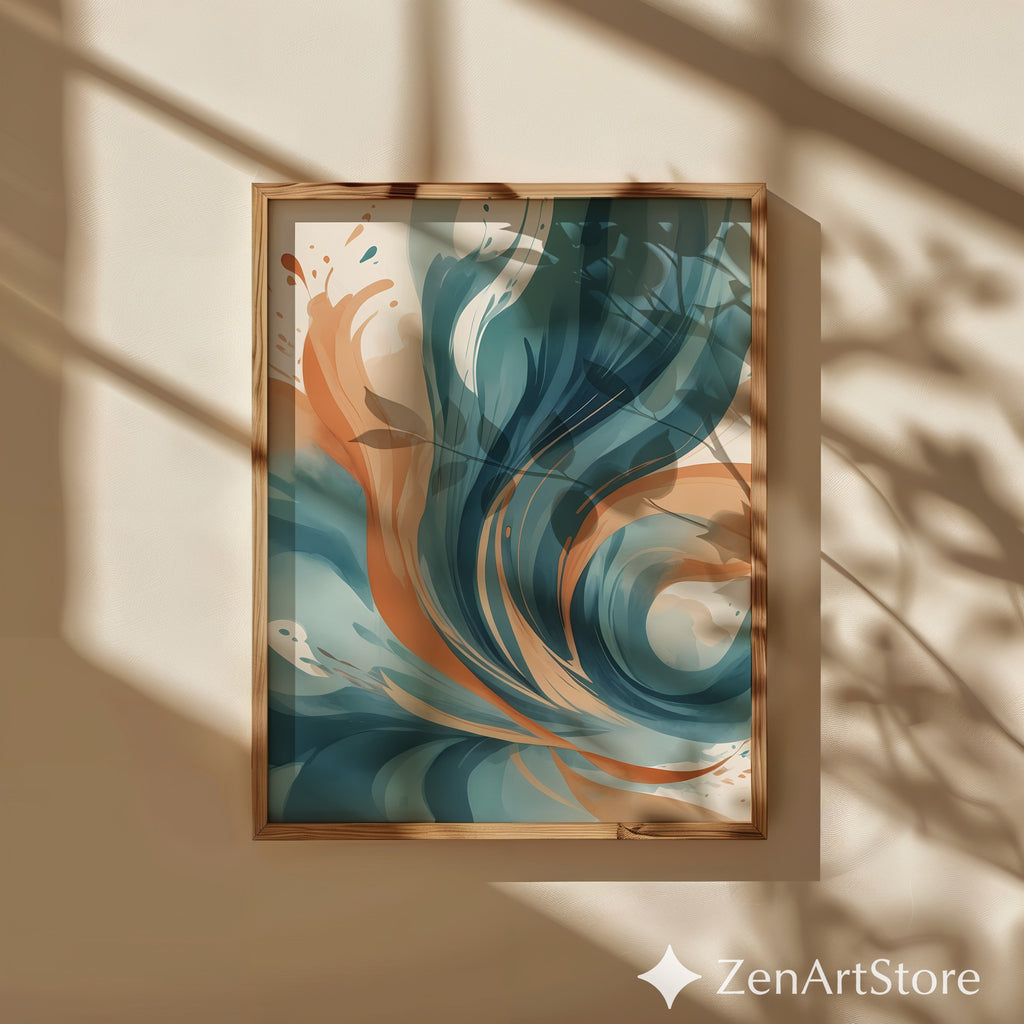 Abstract Teal & Terracotta Wall Art - Modern Minimalist Printable Canvas, Calm Japandi Living Room Decor