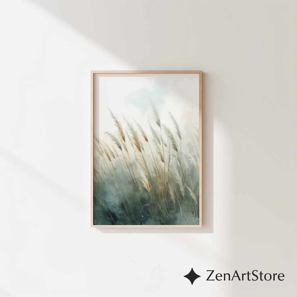 Pampas Grass Wall Art Print – Neutral Botanical Minimalist Canvas, Calm Teal Beige Landscape for Living Room, Bedroom, Japandi Home Decor