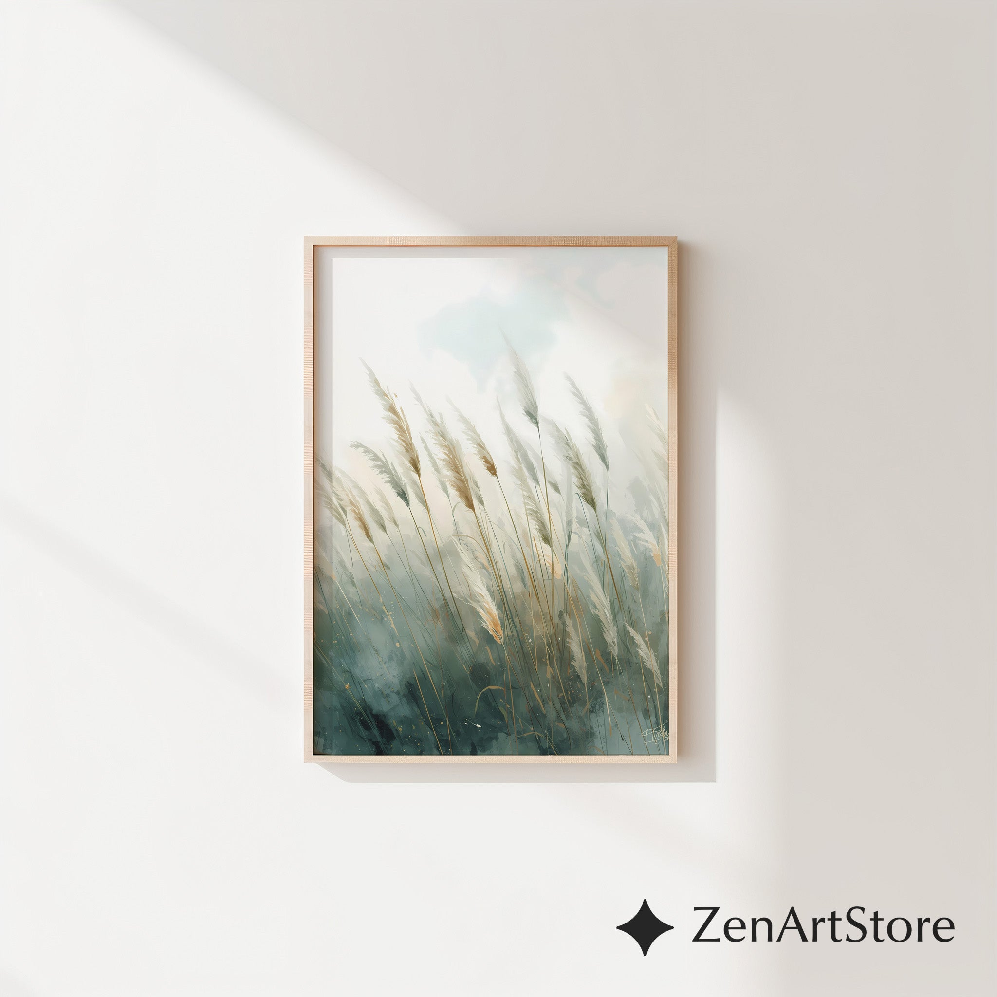 Pampas Grass Wall Art Print – Neutral Botanical Minimalist Canvas, Calm Teal Beige Landscape for Living Room, Bedroom, Japandi Home Decor