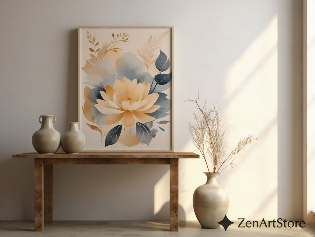 Beige Gold Floral Wall Art Print - Minimal Neutral Botanical Decor for Japandi, Scandinavian Living Room & Bedroom
