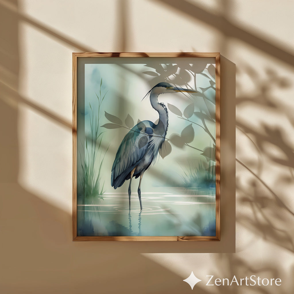 Tranquil Heron Wall Art - Minimal Blue Heron Print, Zen Coastal Nursery Decor, Japandi Nature Wall Decor