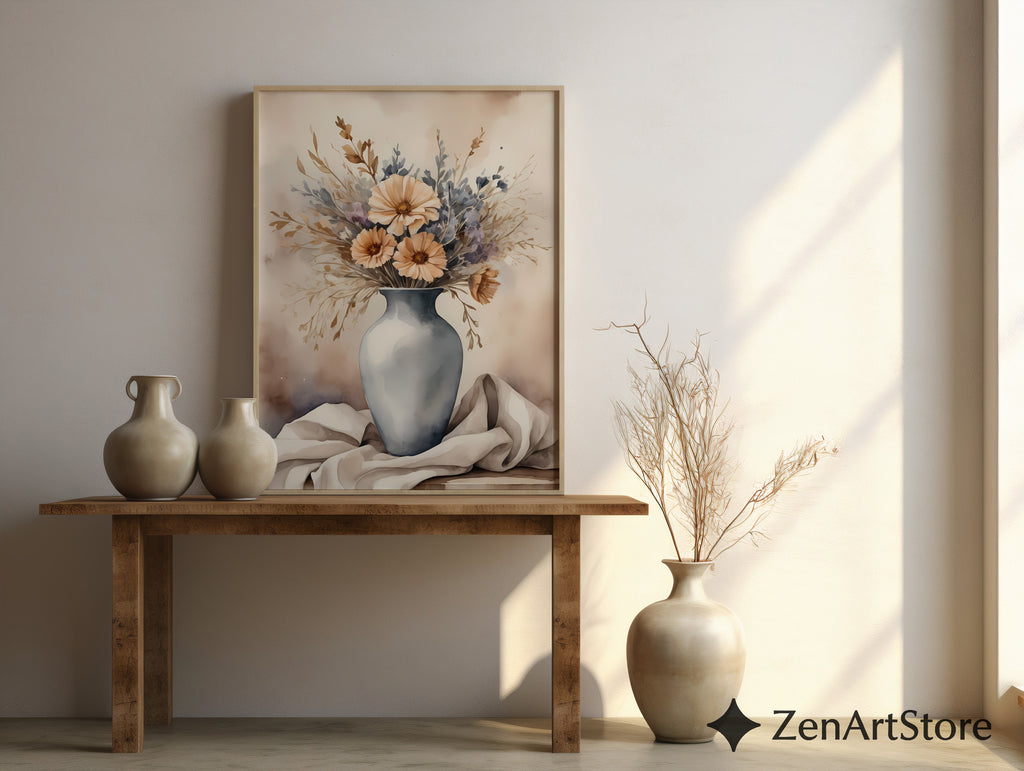 Neutral Floral Vase Art Print - Japandi Wabi Sabi Beige Botanical Wall Decor, Minimal Scandinavian Home Accent