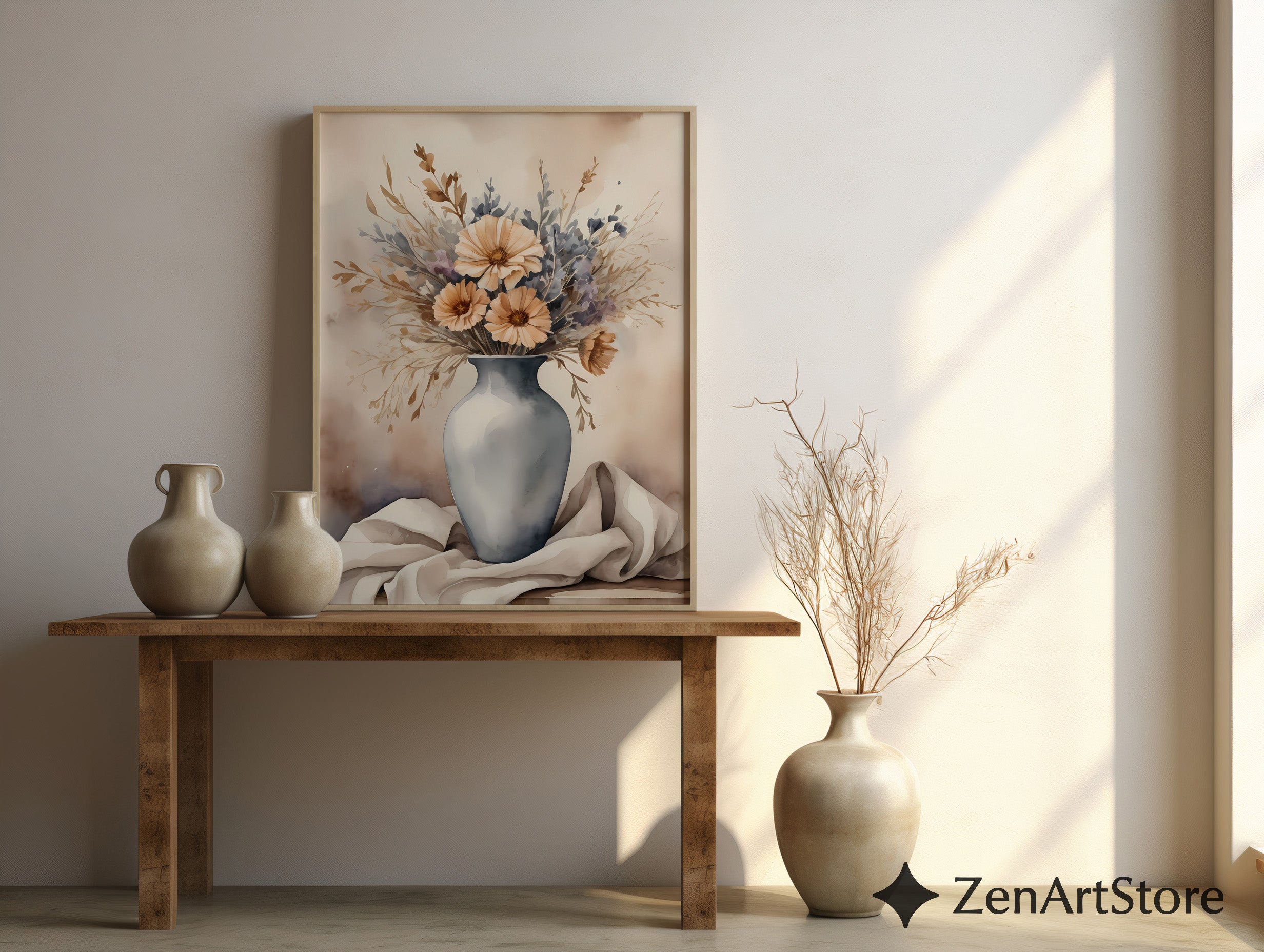 Neutral Floral Vase Art Print - Japandi Wabi Sabi Beige Botanical Wall Decor, Minimal Scandinavian Home Accent