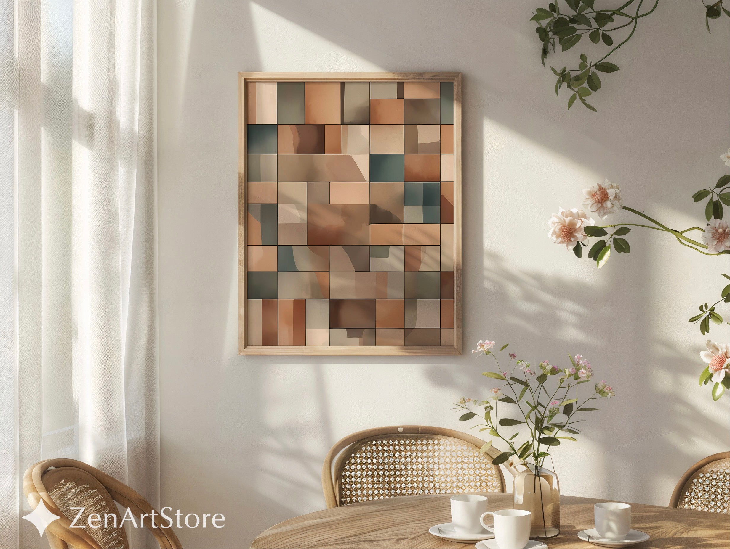 Neutral Geometric Wall Art Beige Brown Abstract Tiles Modern Minimalist Home Decor