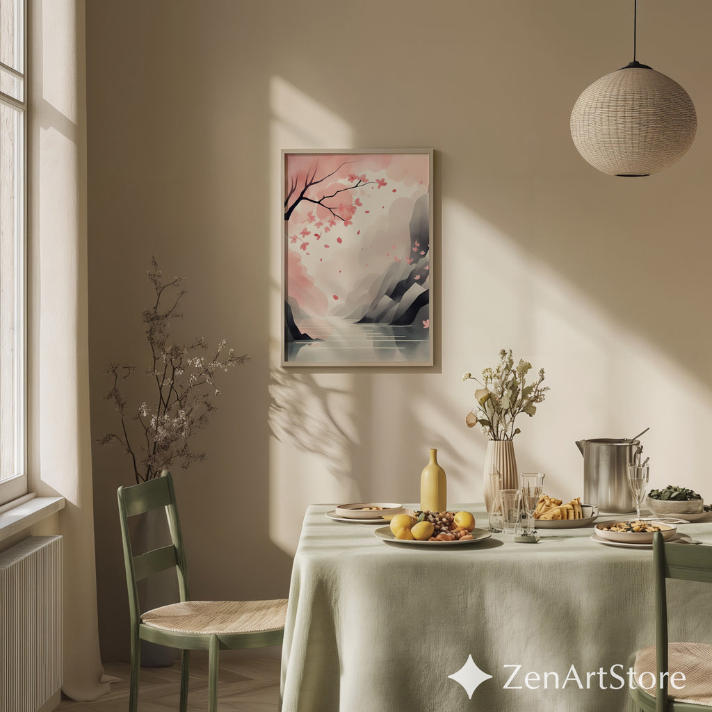 Cherry Blossom Landscape Print - Minimal Sakura Wall Art Pastel Pink Japandi Zen Print for Living Room Bedroom Nursery