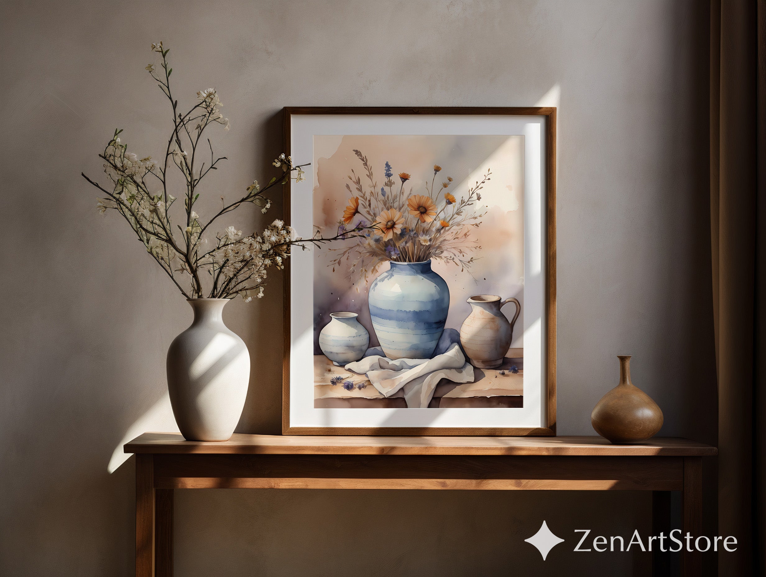 Watercolor Floral Vase Print - Neutral Still Life Wall Art for Living Room, Scandinavian Japandi Botanical Decor