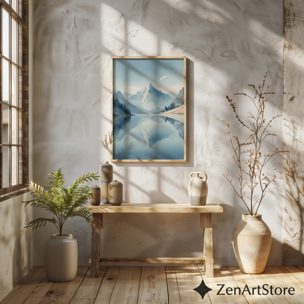 Calm Mountain Lake Wall Art Print - Minimal Blue Landscape Reflection, Scandinavian Zen Home Decor, Japandi Neutral Poster