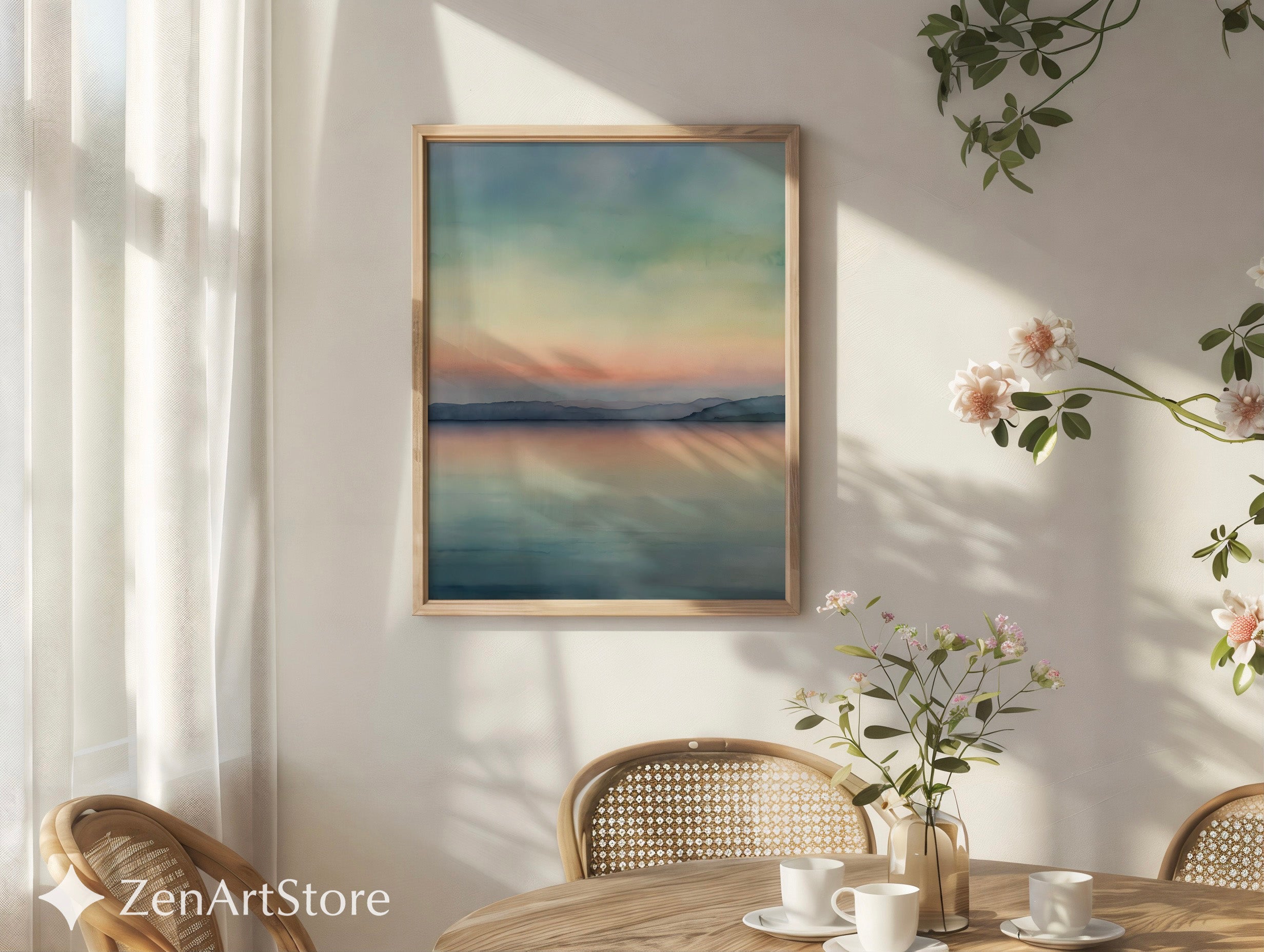 Serene Pastel Lake Sunset Minimal Landscape Art Print - Calm Japandi Wall Decor