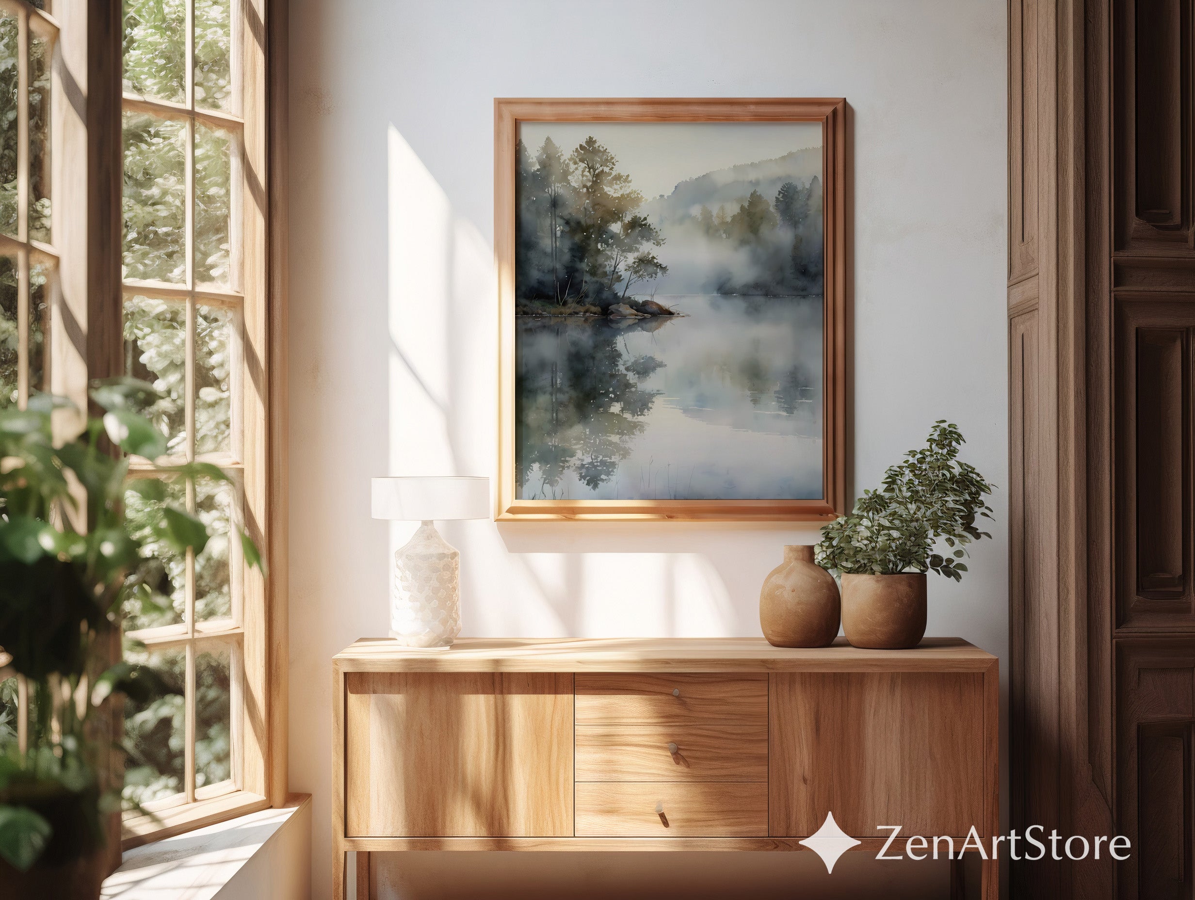 Misty Lake Watercolor Print - Serene Landscape Reflection Wall Art for Neutral Zen, Japandi & Wabi Sabi Home Decor