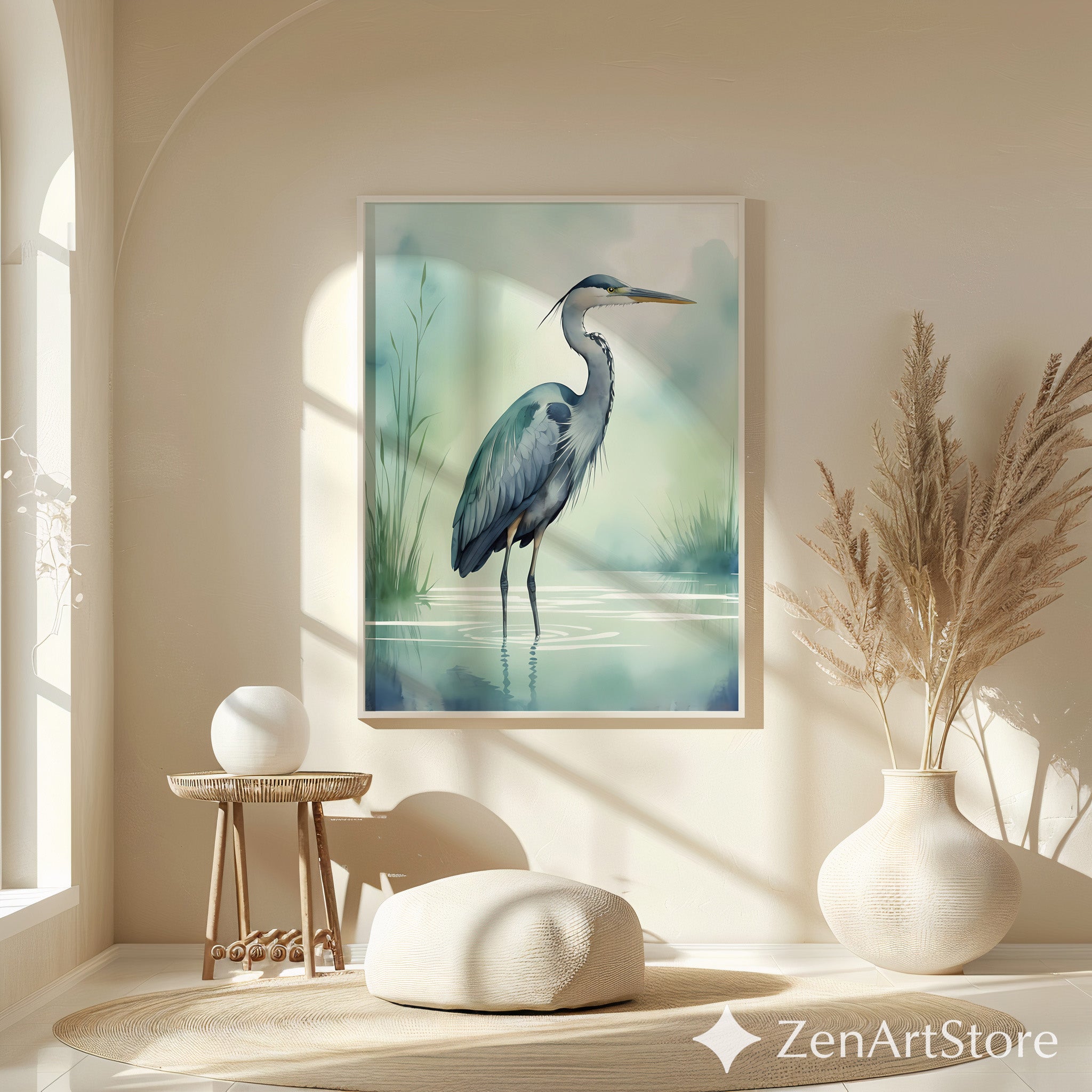 Tranquil Heron Wall Art - Minimal Blue Heron Print, Zen Coastal Nursery Decor, Japandi Nature Wall Decor