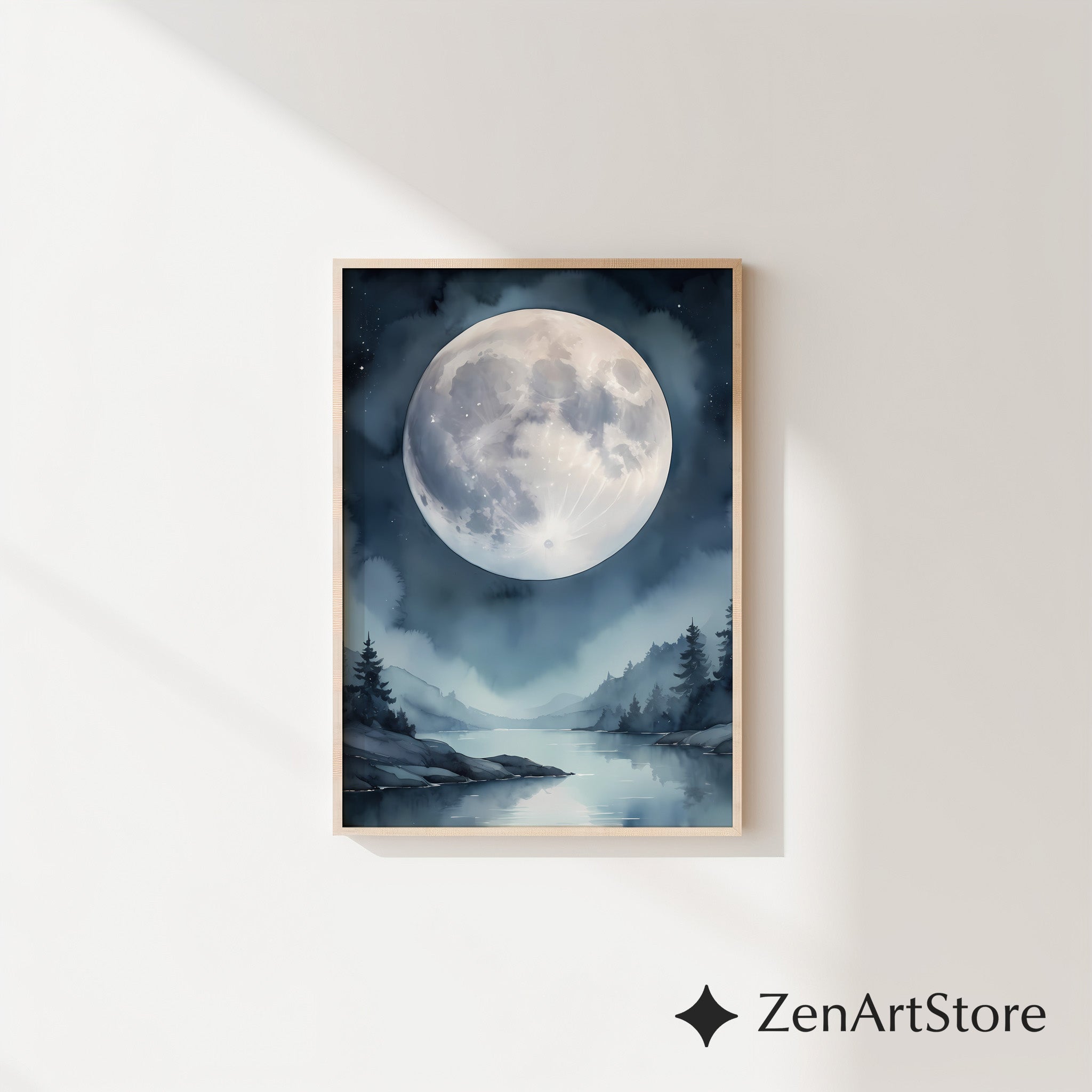 Ethereal Moonlit Lake Wall Art - Minimal Moon Landscape Print for Nordic Japandi Bedroom Decor