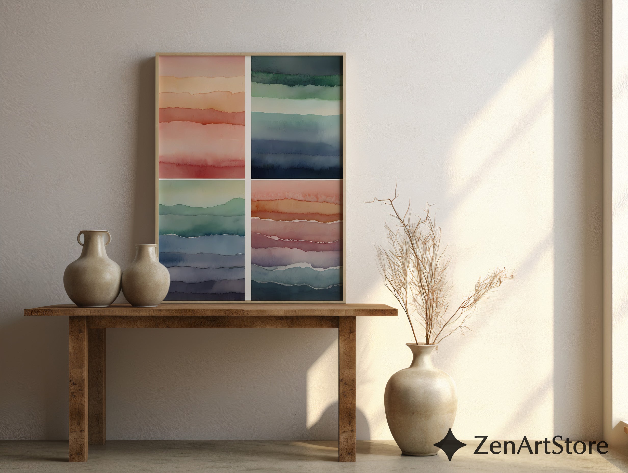 Abstract Watercolor Wall Art Set of 4 – Minimal Layered Landscapes, Neutral Japandi Boho Prints for Living Room & Bedroom, Printable Digital Download