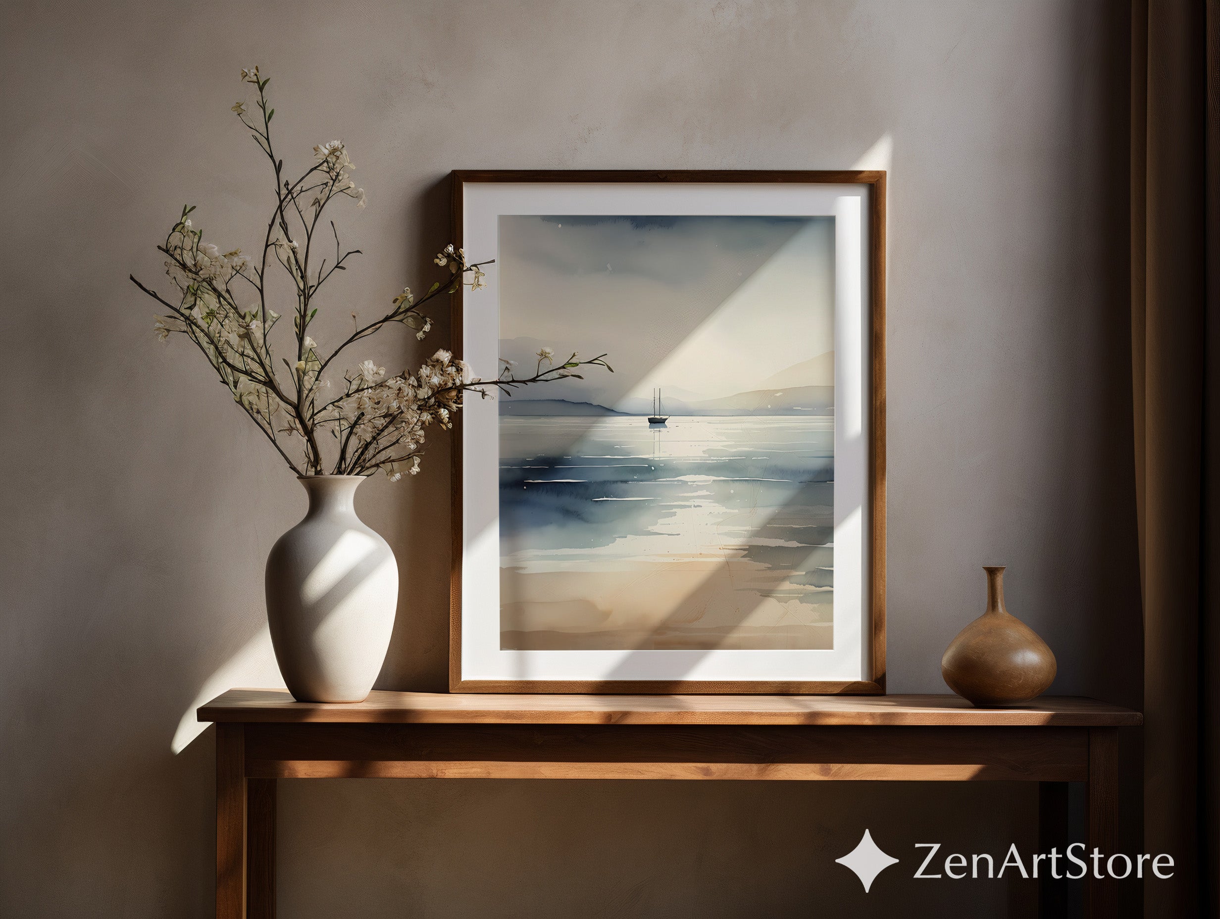 Minimal Watercolor Seascape Print with Lone Sailboat - Serene Neutral Coastal Wall Art for Living Room, Bedroom, Japandi Decor