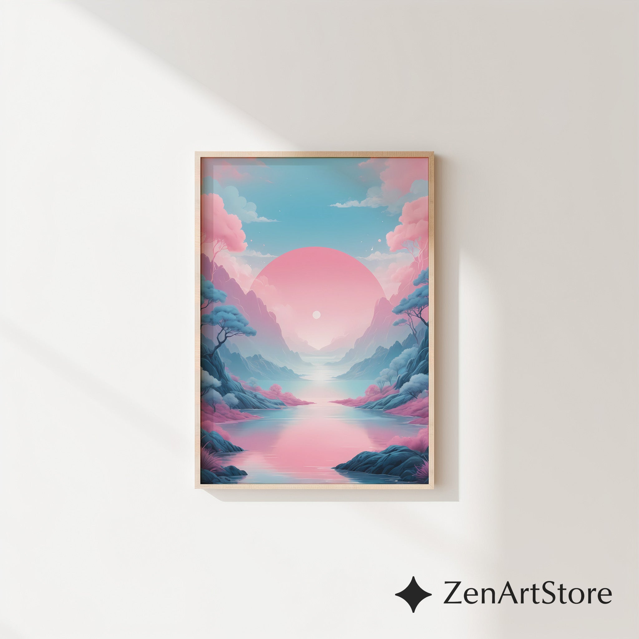 Pastel Sunrise Landscape Wall Art - Pink & Blue Minimal Zen Print for Living Room, Bedroom Japandi Home Decor