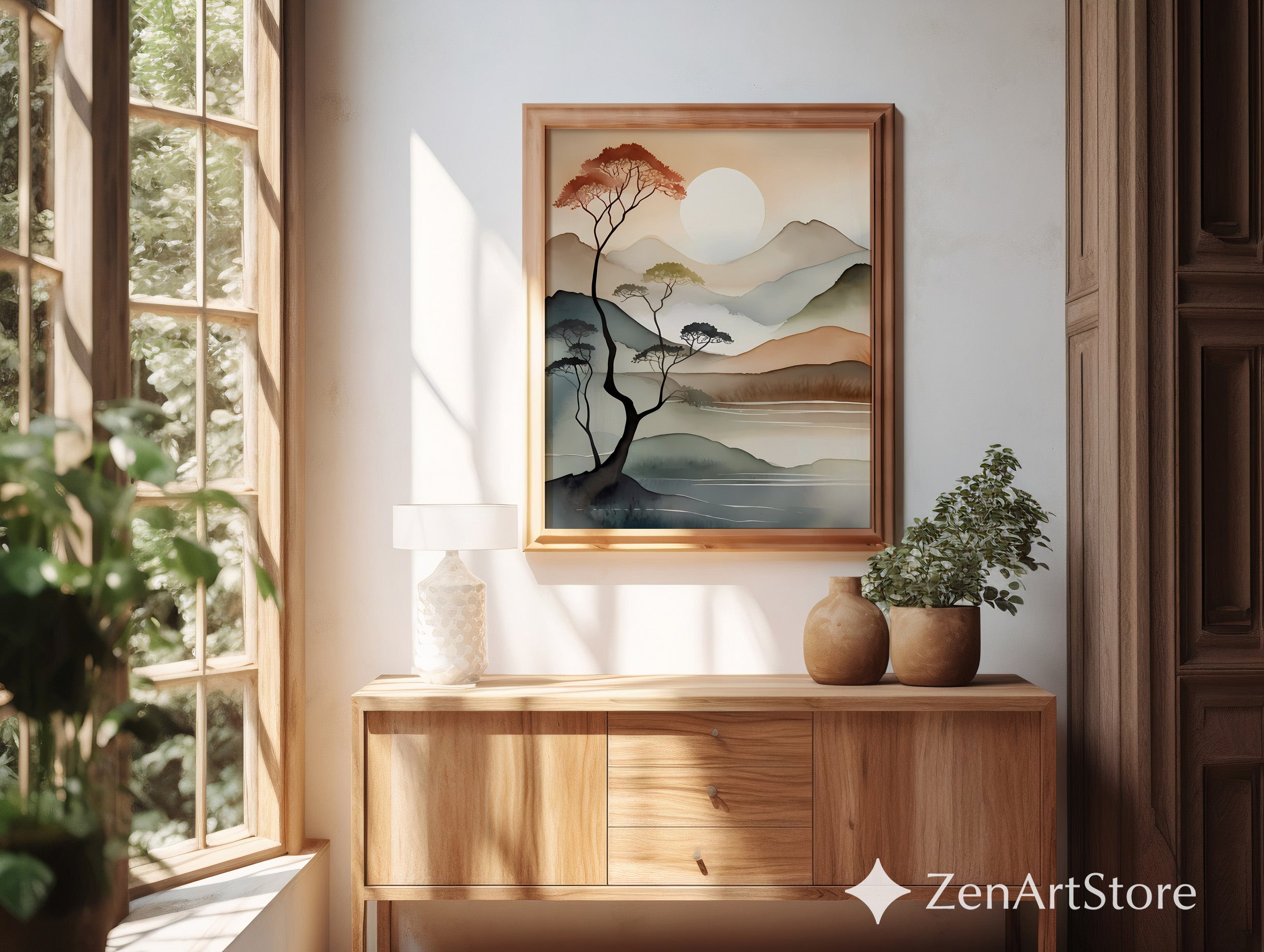 Serene Minimal Mountain Landscape Print - Japandi Zen Neutral Wall Art, Beige Brown Watercolor Sun, Modern Wabi Sabi Decor
