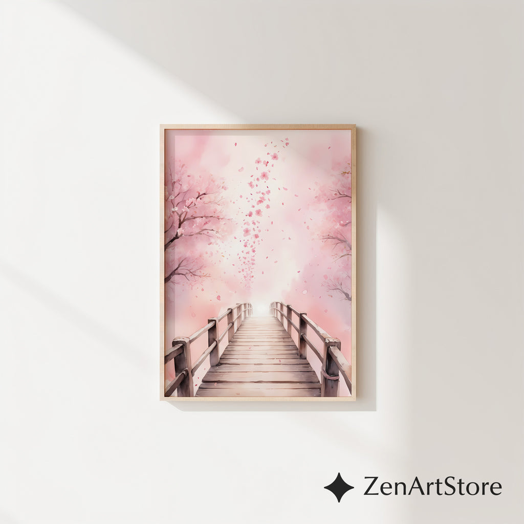 Cherry Blossom Bridge Wall Art - Pink Sakura Canvas Print & Printable, Japandi Minimalist Home Decor