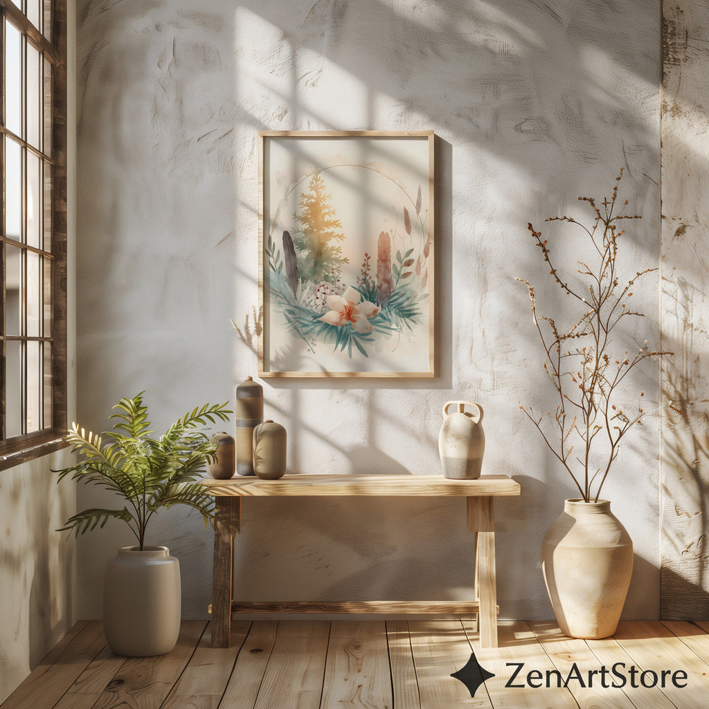 Neutral Botanical Watercolor Print with Gold Halo - Japandi Wabi Sabi Floral Wall Art