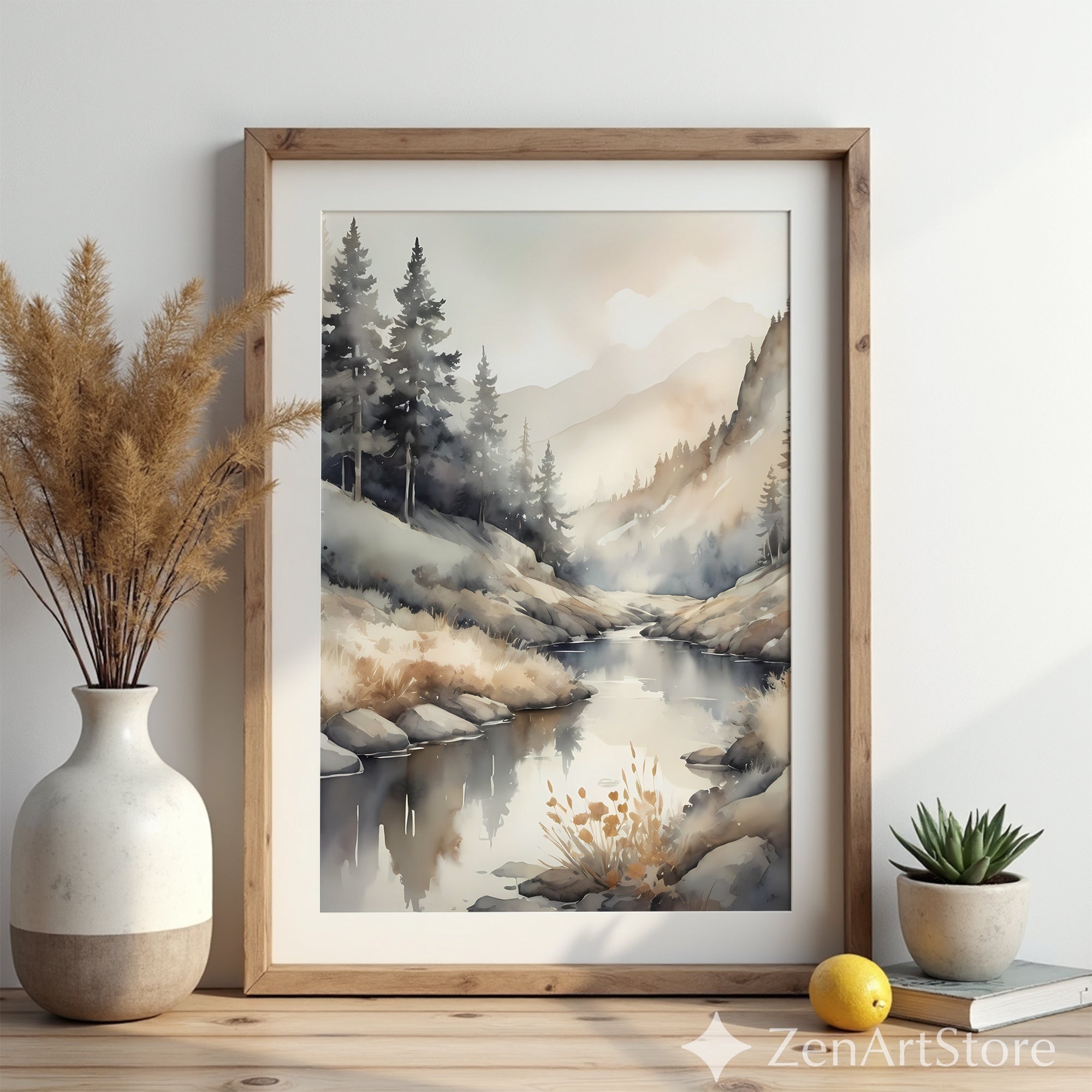 Misty Mountain Watercolor Print - Neutral River Landscape Japandi Wabi-Sabi Wall Art Calm Beige Minimal Home Decor