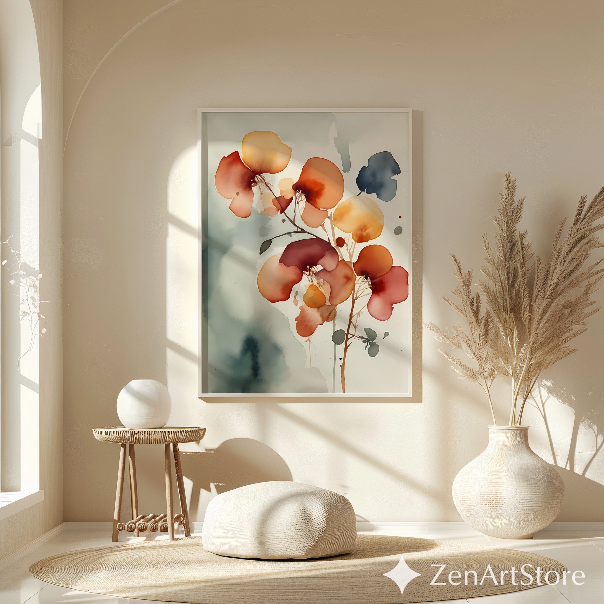 Abstract Floral Wall Art Print - Warm Rust & Ochre Minimal Botanical Japandi Wabi Sabi Neutral Home Decor