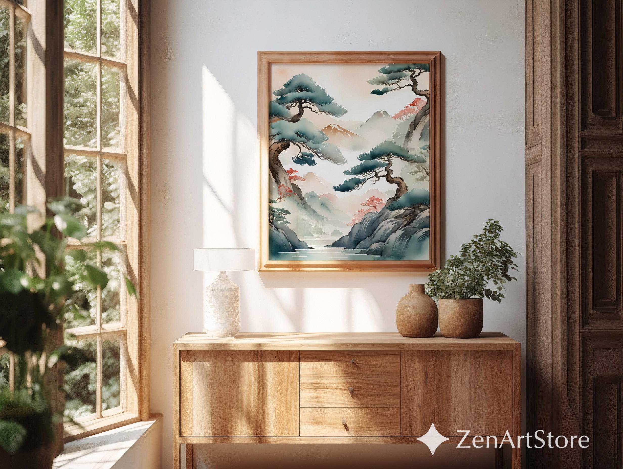 Serene Japandi Pine Landscape Wall Art - Zen Watercolor Mountain Print, Minimal Japanese Botanical Home Decor