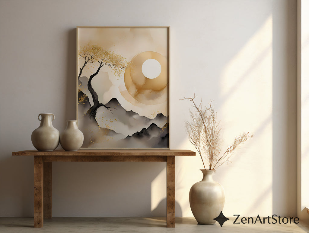 Golden Moon Zen Landscape - Minimal Japanese Abstract Printable Wall Art
