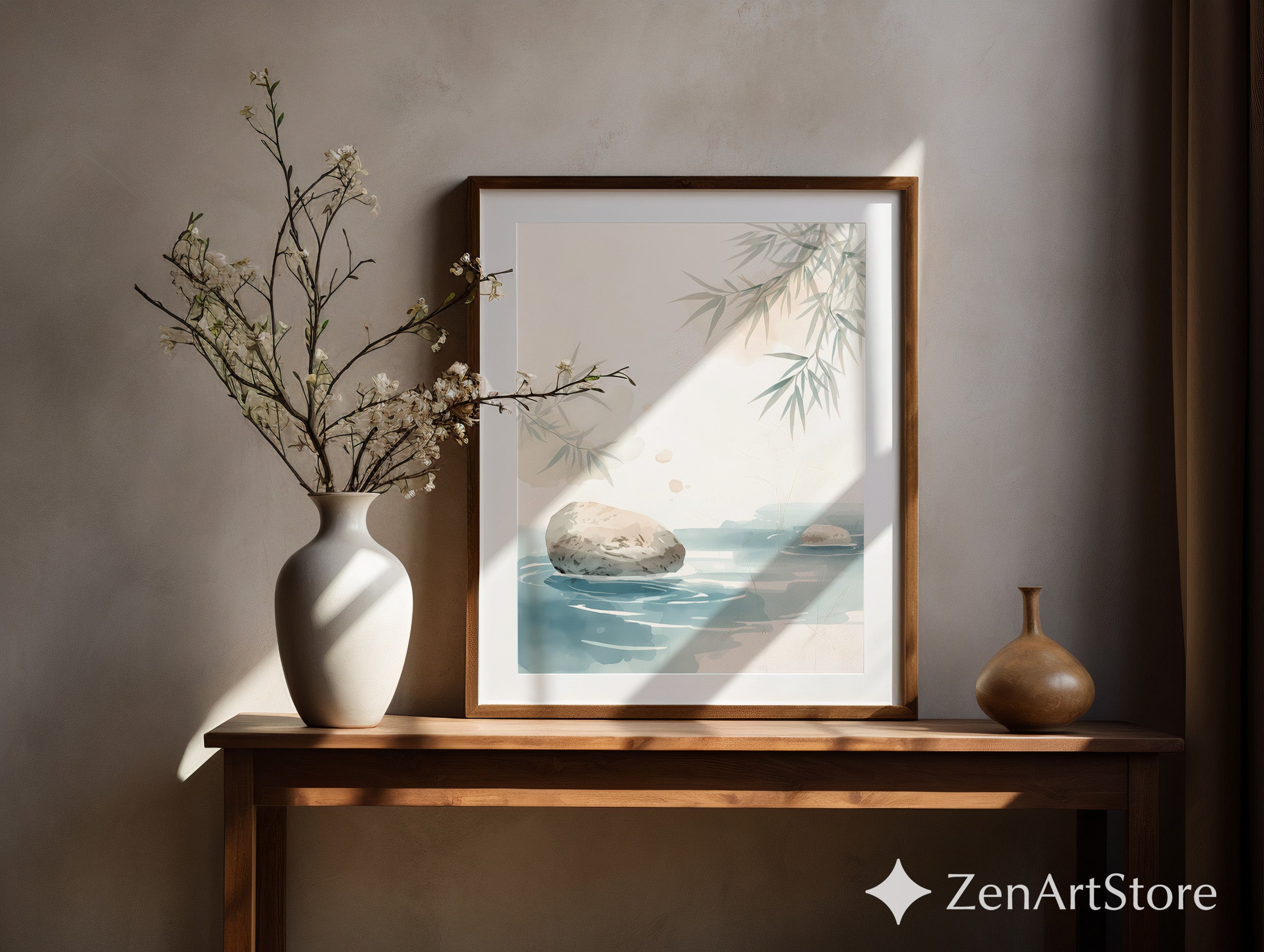 Zen Watercolor Rock and Bamboo Print - Minimal Japandi Wall Art, Neutral Calm Landscape for Living Room, Spa or Bedroom Decor