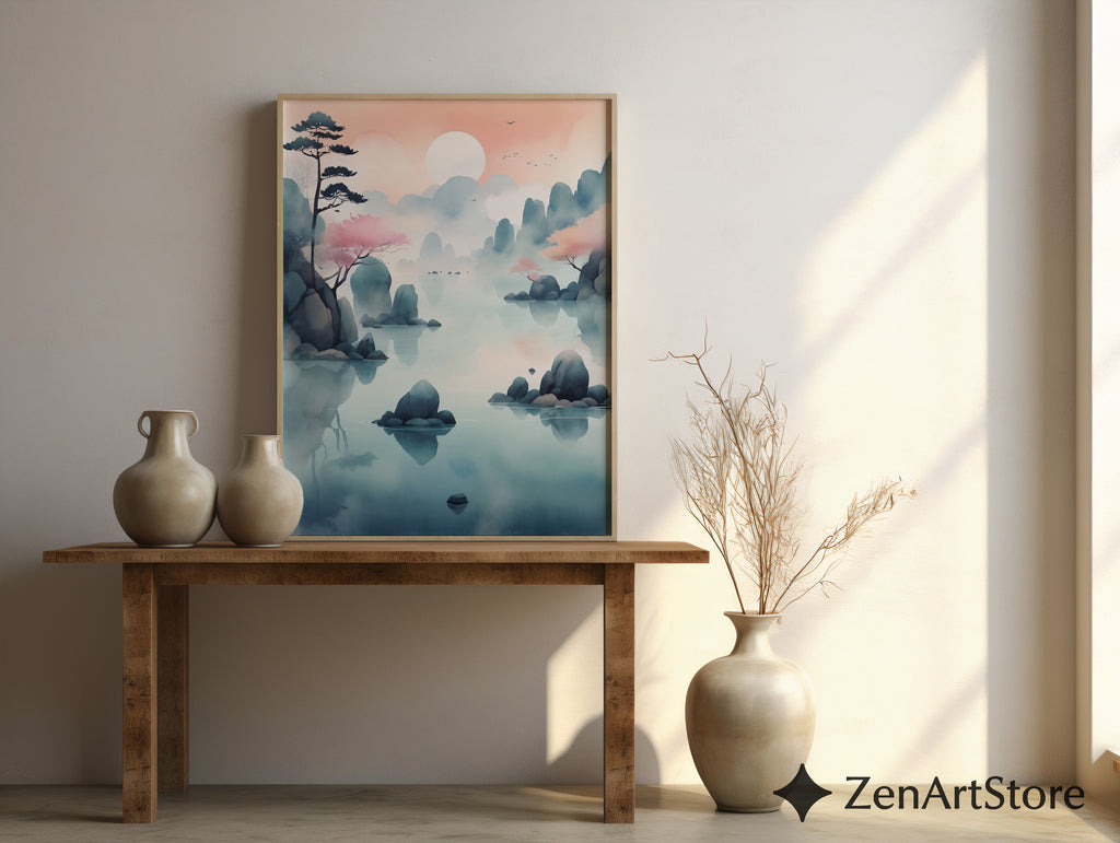 Serene Pastel Mountain Lake Wall Art - Zen Japandi Landscape Print, Printable & Canvas