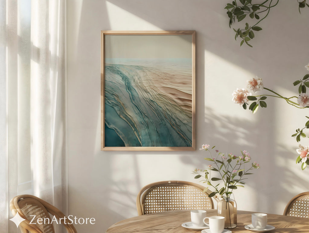 Abstract Coastal Landscape Wall Art - Neutral Blue Beige Minimal Print for Living Room, Japandi Wabi Sabi Decor