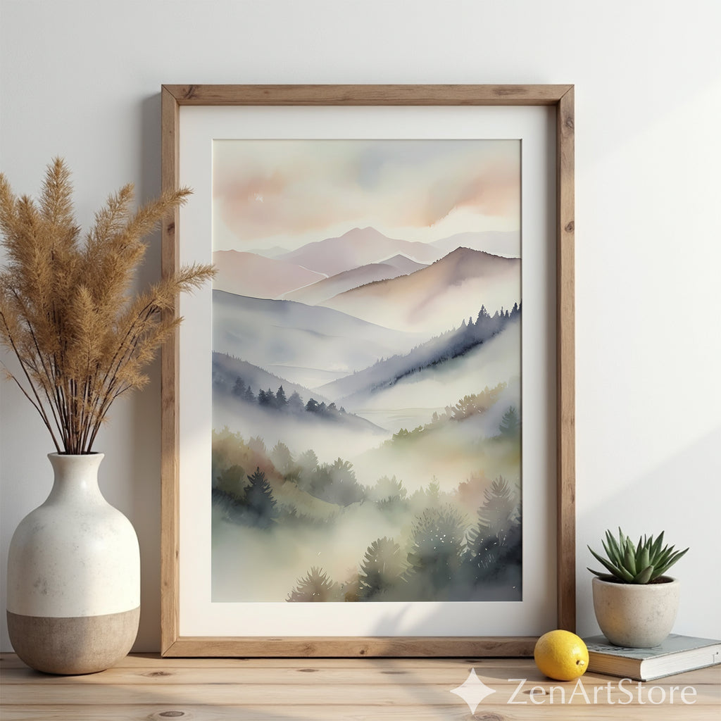 Misty Mountain Watercolor Print – Neutral Minimal Landscape Wall Art for Japandi, Scandinavian & Boho Homes