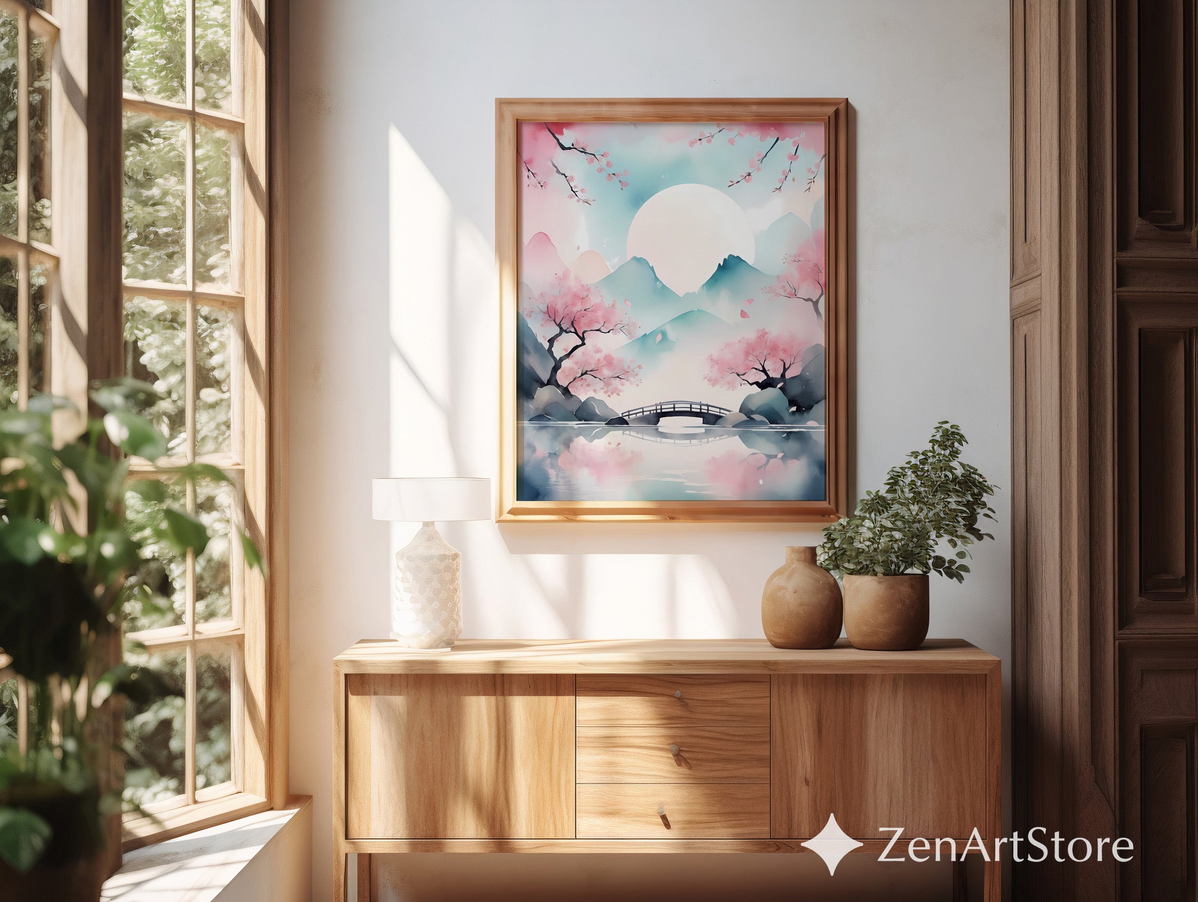 Sakura Moon Watercolor Print - Japanese Cherry Blossom Bridge Wall Art, Pastel Zen Landscape, Japandi Minimal Home Decor
