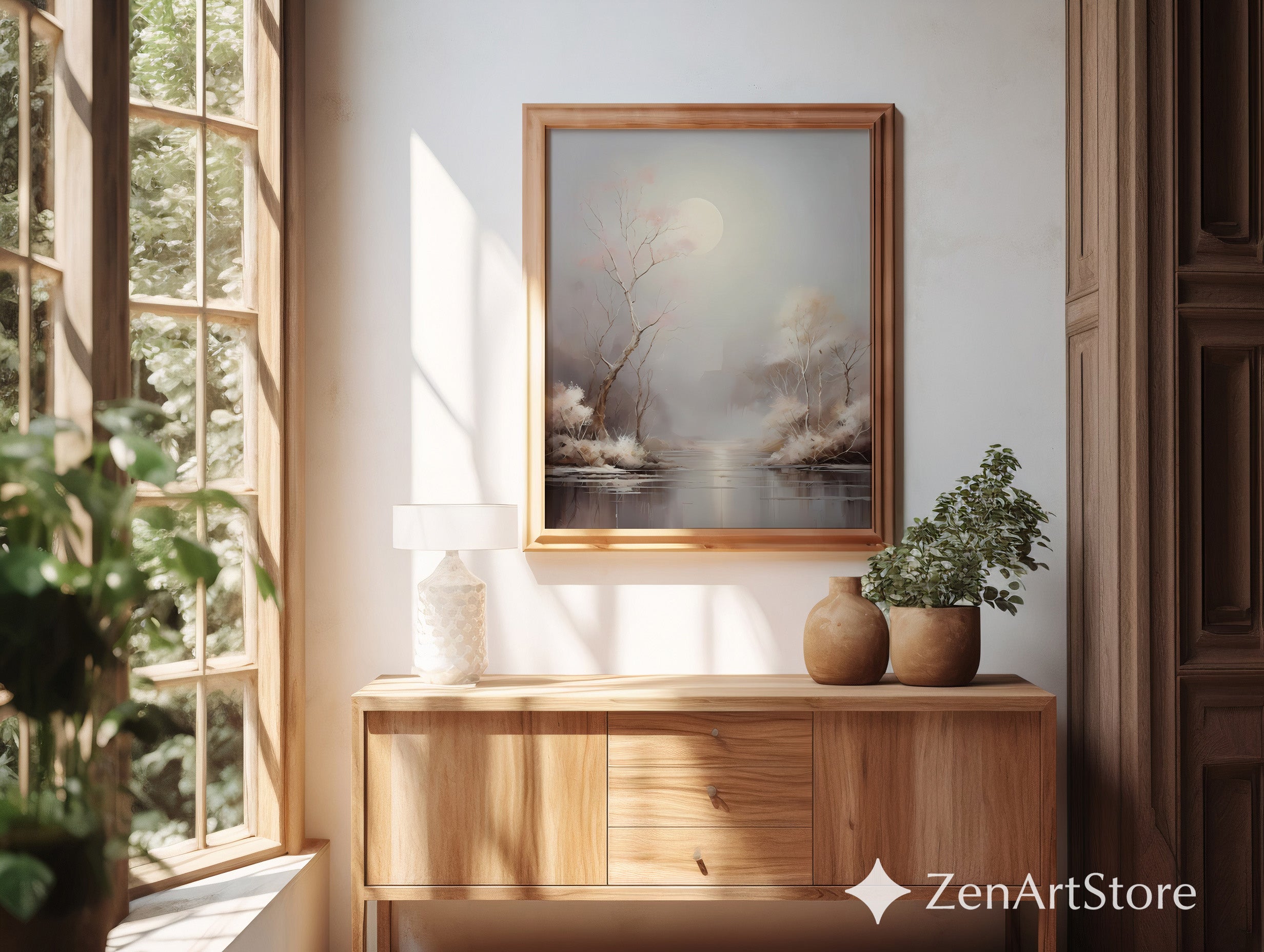 Moonlit Minimal Landscape Art Print - Japandi Neutral Wall Decor, Calming Beige & Blush Tree Canvas for Living Room or Bedroom