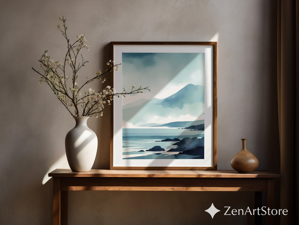 Minimal Blue Coastal Landscape Print - Serene Mountain Seascape Wall Art for Japandi & Scandinavian Homes