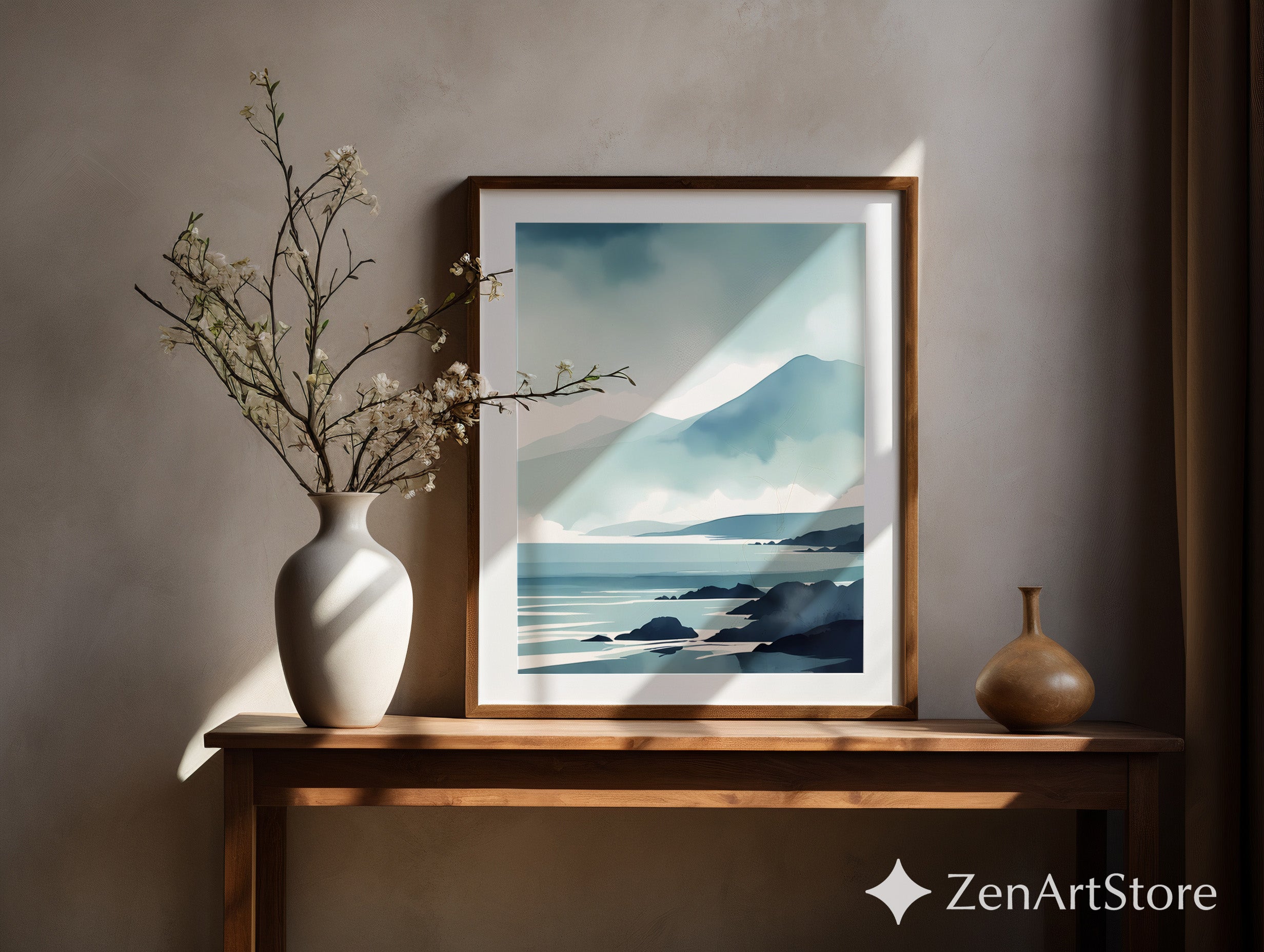 Minimal Blue Coastal Landscape Print - Serene Mountain Seascape Wall Art for Japandi & Scandinavian Homes