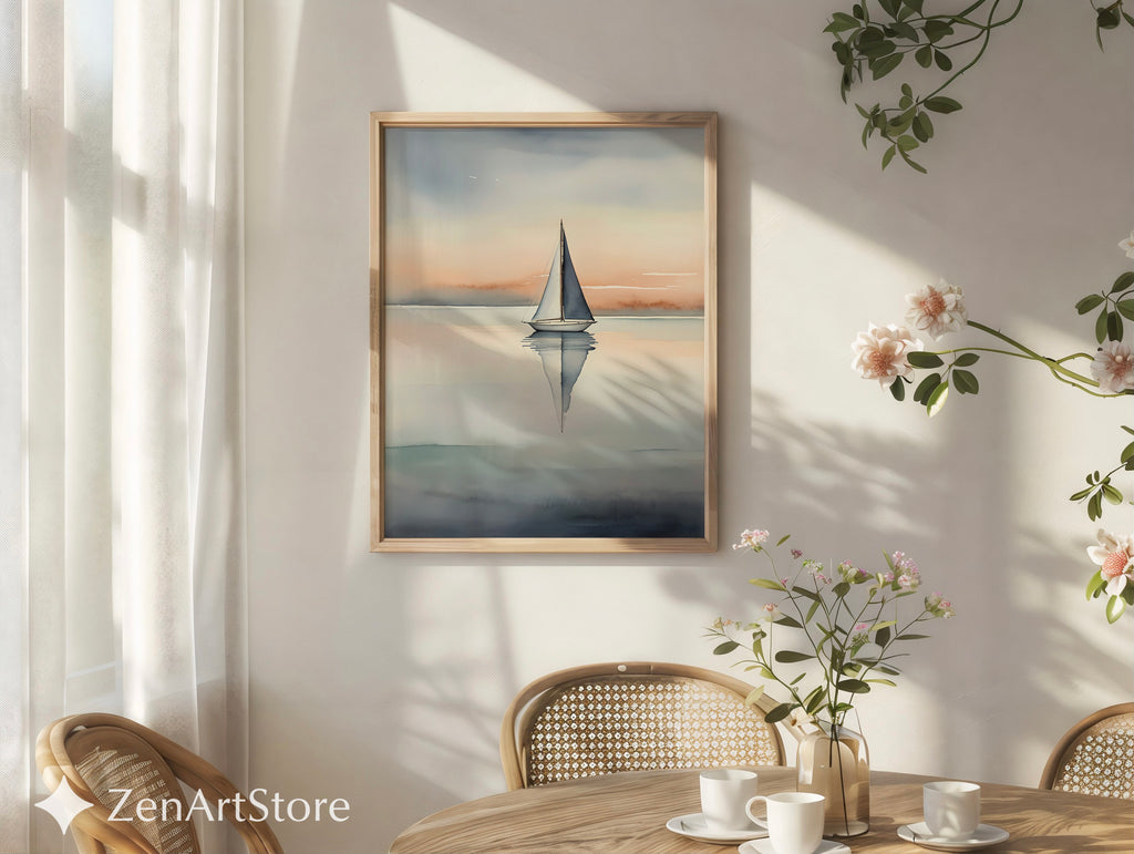 Minimal Sailboat Wall Art - Calm Coastal Watercolor Print, Scandinavian Japandi Neutral Seascape for Living Room & Bedroom