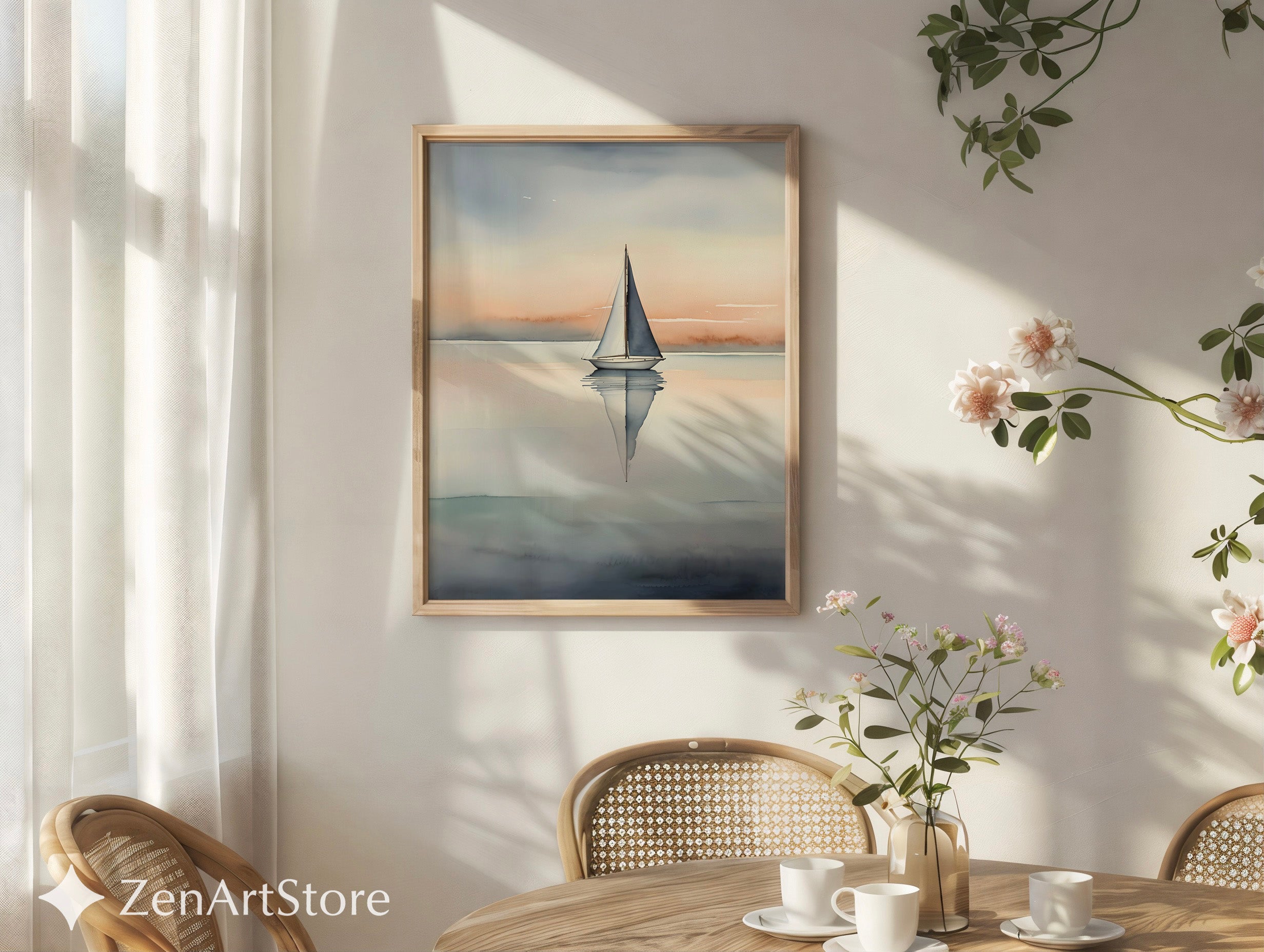 Minimal Sailboat Wall Art - Calm Coastal Watercolor Print, Scandinavian Japandi Neutral Seascape for Living Room & Bedroom