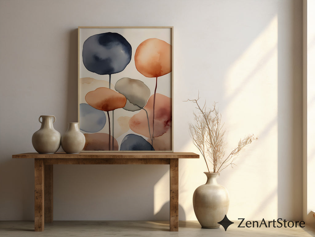 Abstract Watercolor Wall Art Neutral Terracotta & Blue - Minimal Japandi Scandi Zen Print for Living Room Bedroom