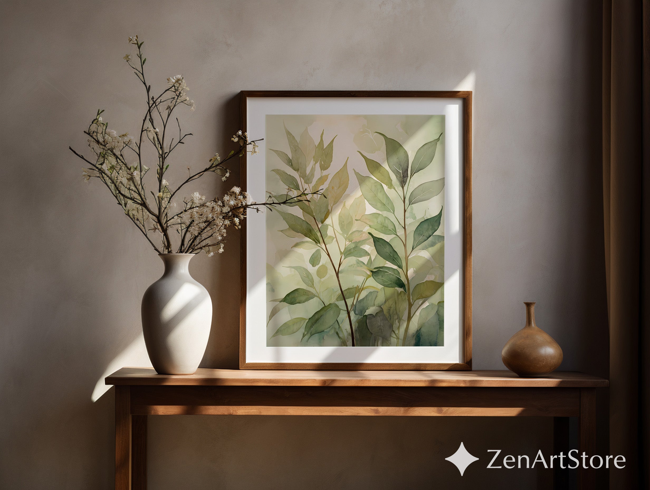 Soft Green Botanical Watercolor Print - Neutral Leaf Wall Art for Japandi, Scandinavian & Minimal Home Decor