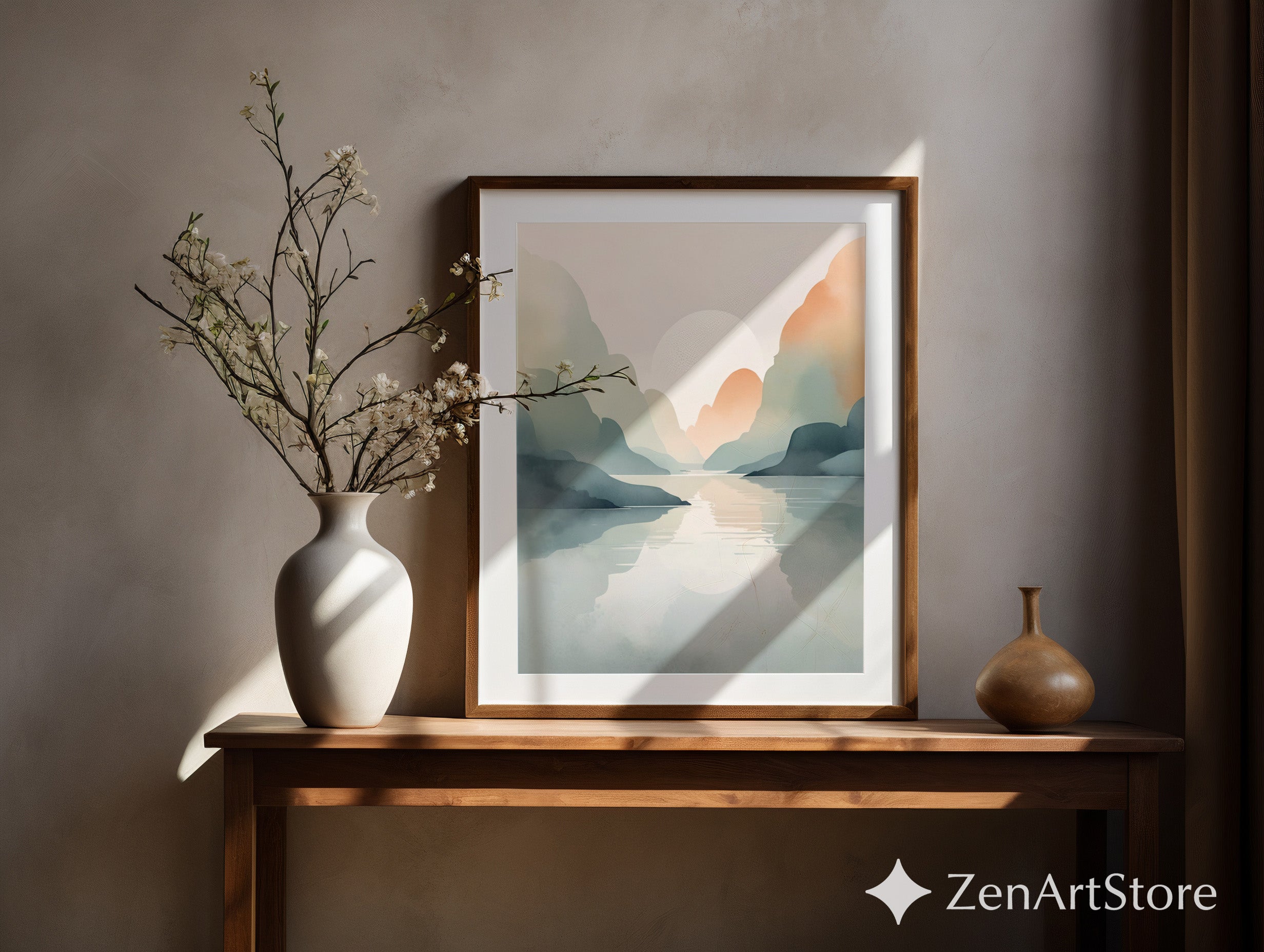 Serene Pastel Mountain Landscape Print – Minimal Japandi Wall Art, Calm Neutral Abstract Sunset