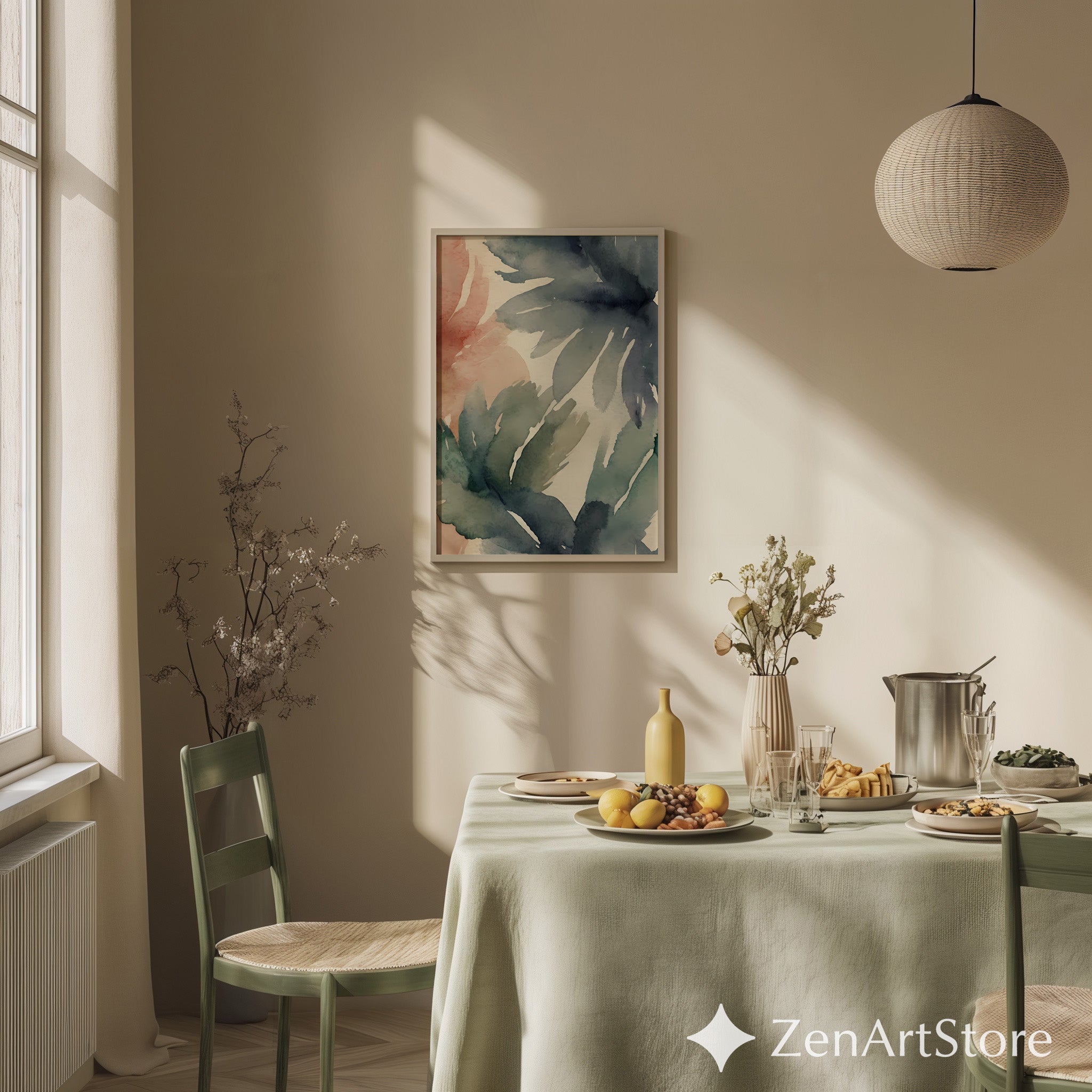 Muted Watercolor Leaf Print - Abstract Botanical Wall Art in Blue Green Terracotta - Minimal Japandi Wabi Sabi Home Decor