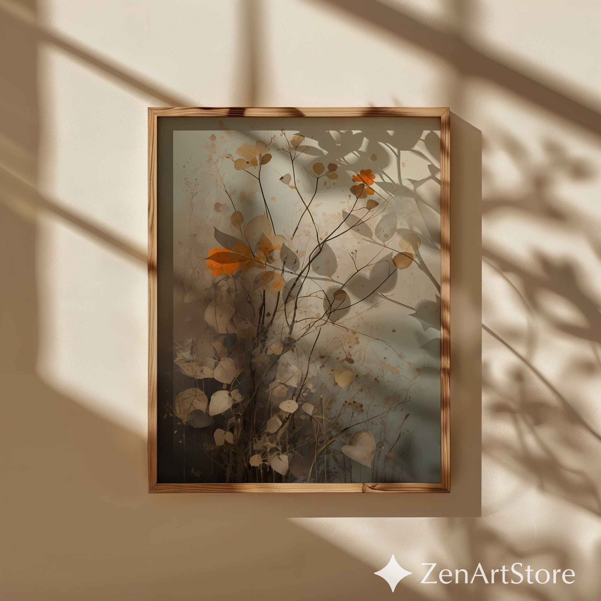 Neutral Botanical Wall Art with Orange Accent – Minimal Abstract Floral Print for Japandi, Wabi Sabi & Scandinavian Home Decor