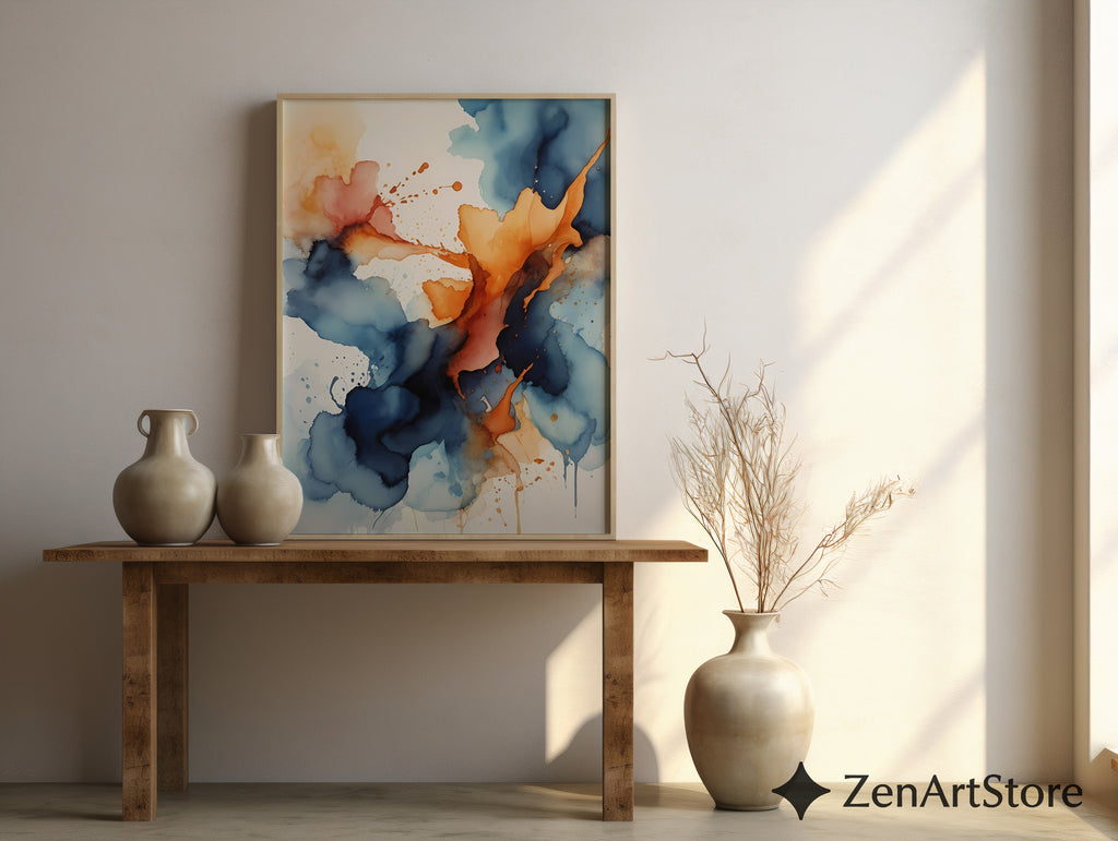 Abstract Navy & Orange Wall Art - Modern Alcohol Ink Print, Large Blue Orange Canvas, Minimal Japandi Home Decor