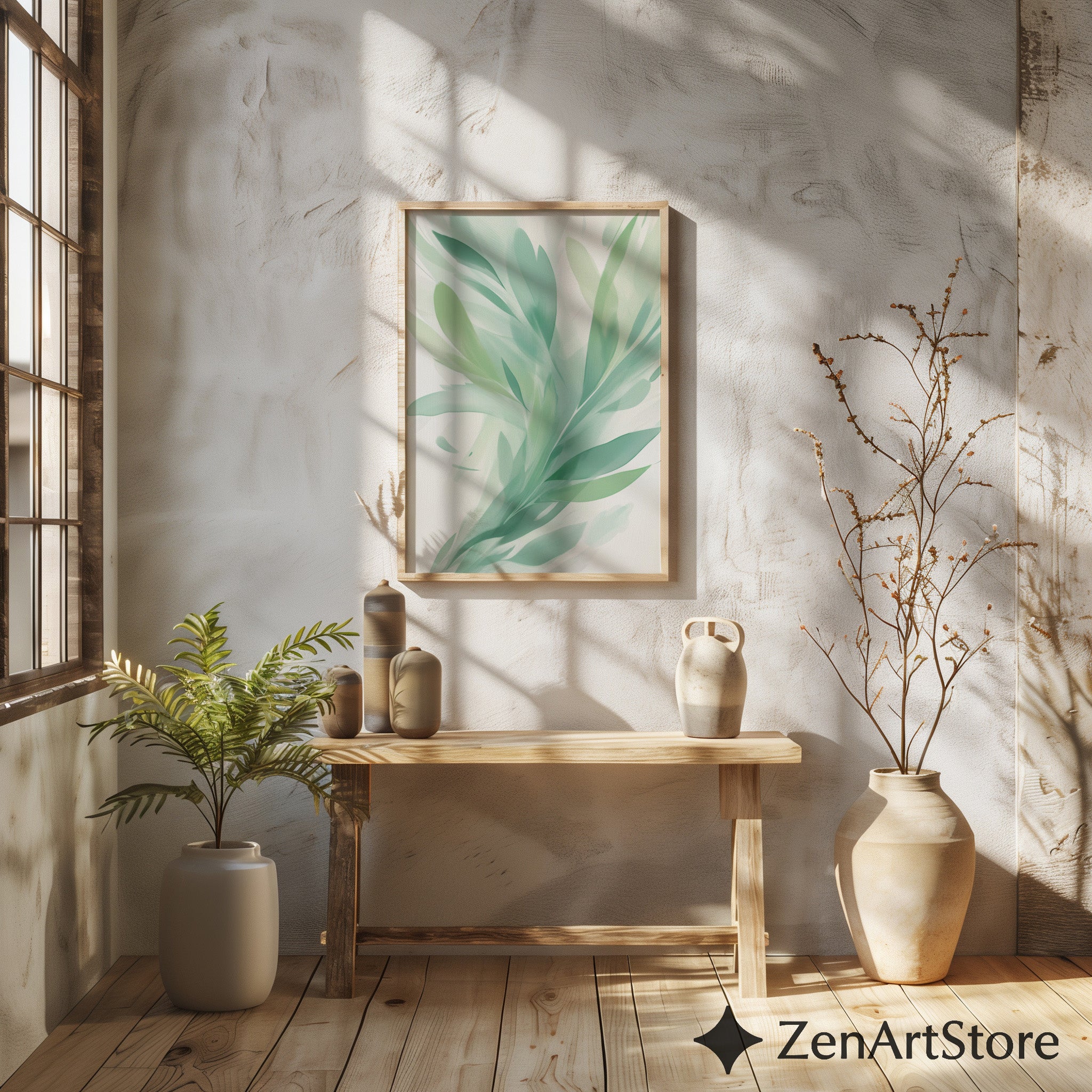 Serene Mint Botanical Art Print - Abstract Green Leaf Wall Art, Minimal Modern Home Decor, Zen Japandi Scandinavian Printable