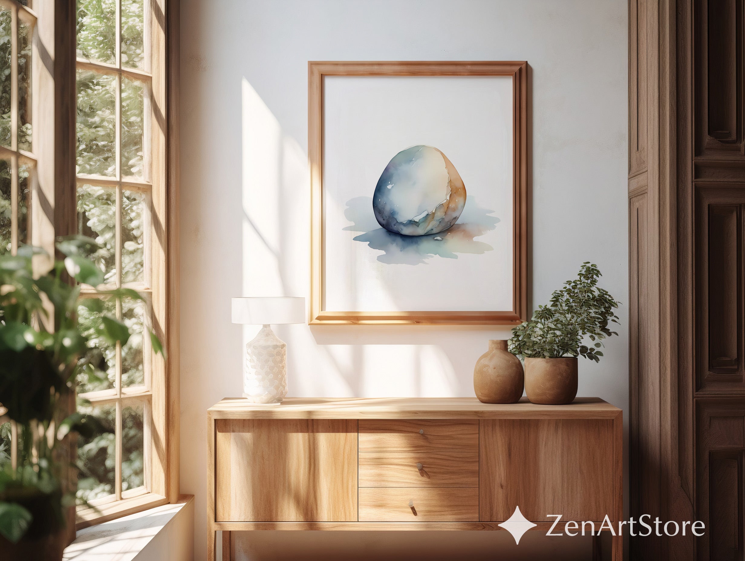 Minimalist Watercolor Stone Art – Neutral Abstract Egg-Shaped Print for Zen Wabi Sabi Japandi Scandinavian Home Decor