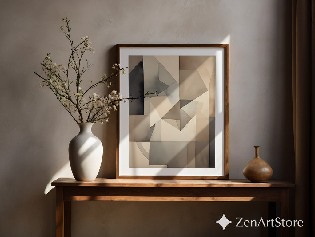 Neutral Geometric Abstract Wall Art - Beige Gray Minimalist Print for Living Room, Japandi Wabi Sabi Home Decor