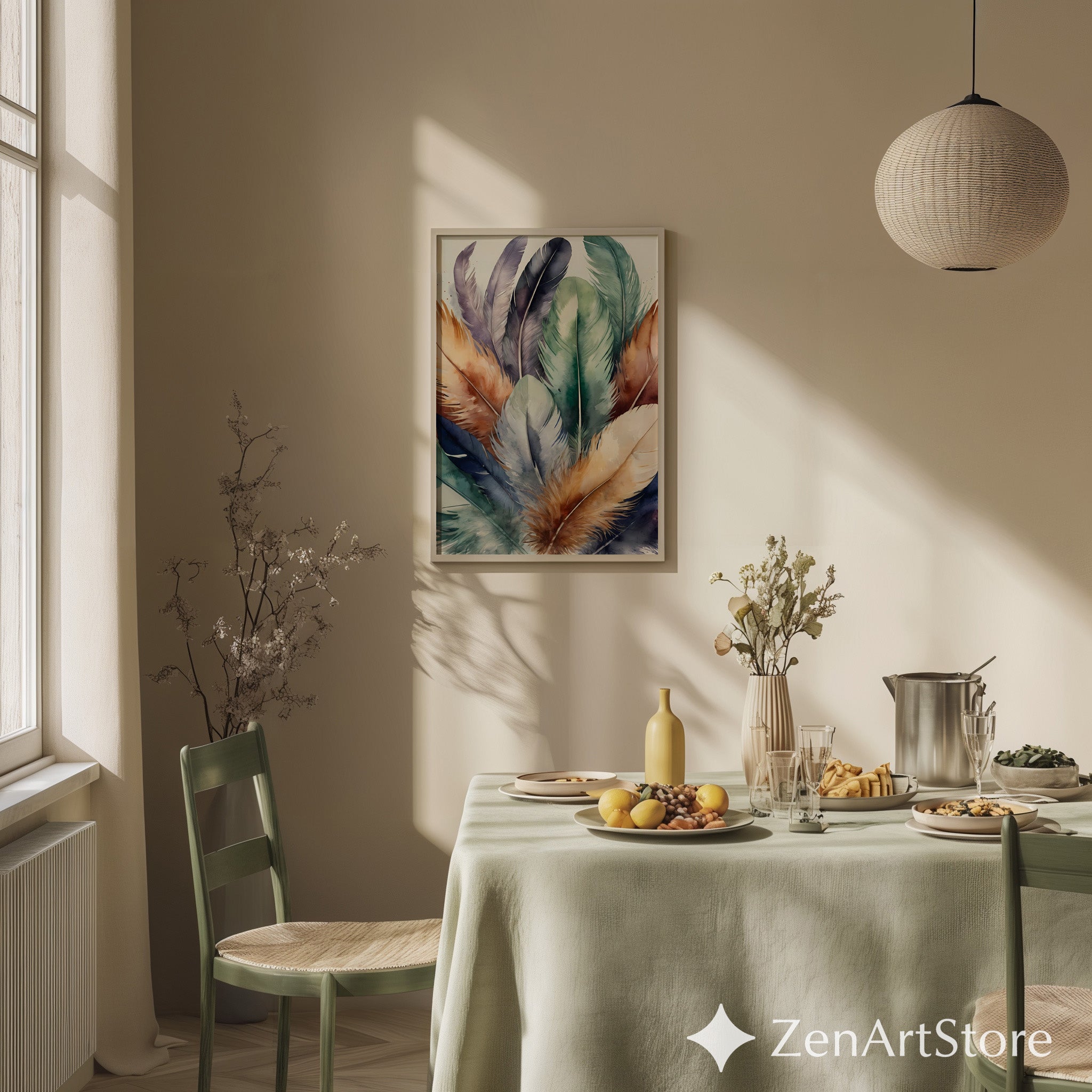 Watercolor Feather Wall Art Print - Boho Teal Green & Warm Brown Feather Illustration for Living Room, Bedroom, Nursery, Japandi Home Decor