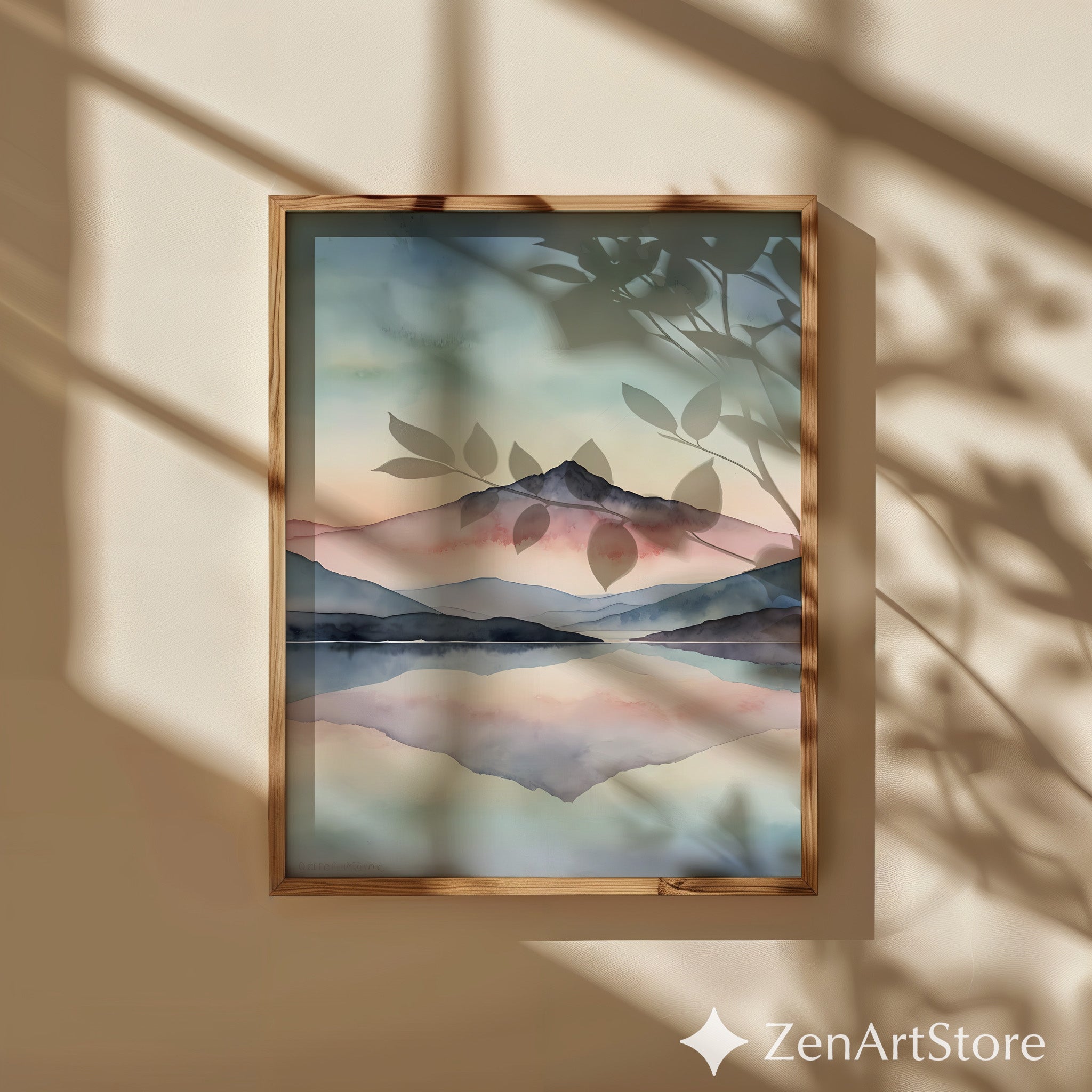 Pastel Mountain Watercolor Print - Calming Landscape Wall Art for Living Room, Zen Minimal Japandi Home Decor