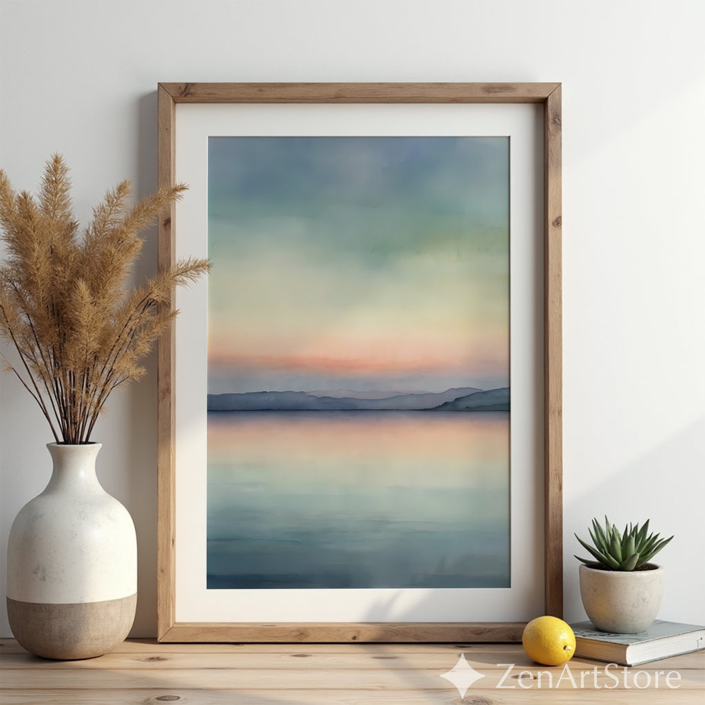 Serene Pastel Lake Sunset Minimal Landscape Art Print - Calm Japandi Wall Decor