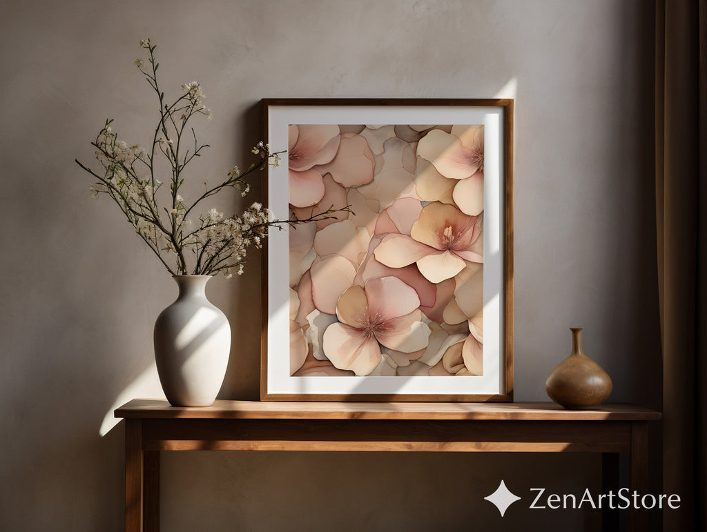 Blush Neutral Floral Wall Art - Soft Peach Botanical Print, Minimal Japandi Canvas for Living Room & Bedroom